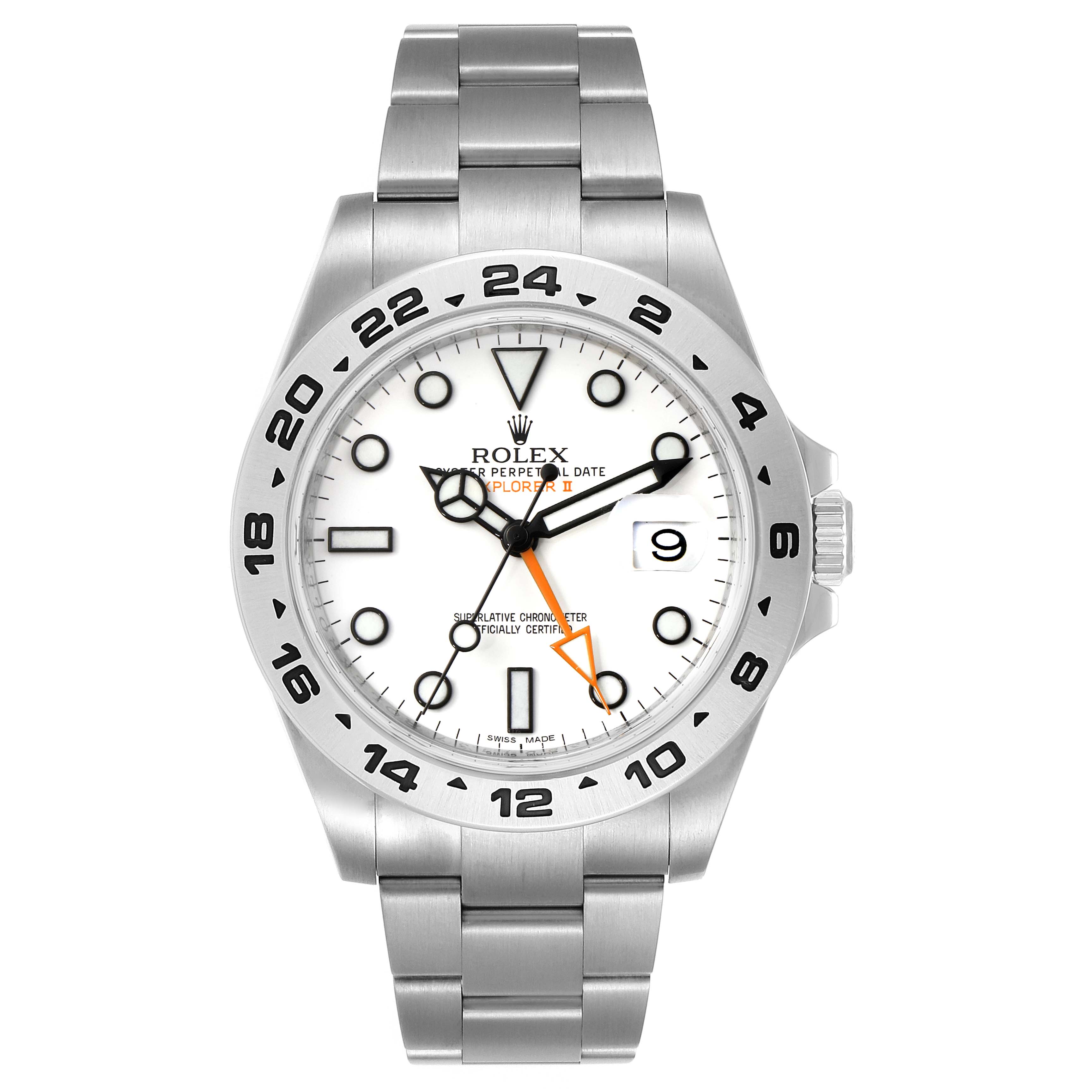 The image shows a front view of a Rolex Explorer 216570 Men
s Stainless Steel White Dial 216570 Men
s Stainless Steel White Dial II, highlighting the dial, bezel, bracelet, and crown.