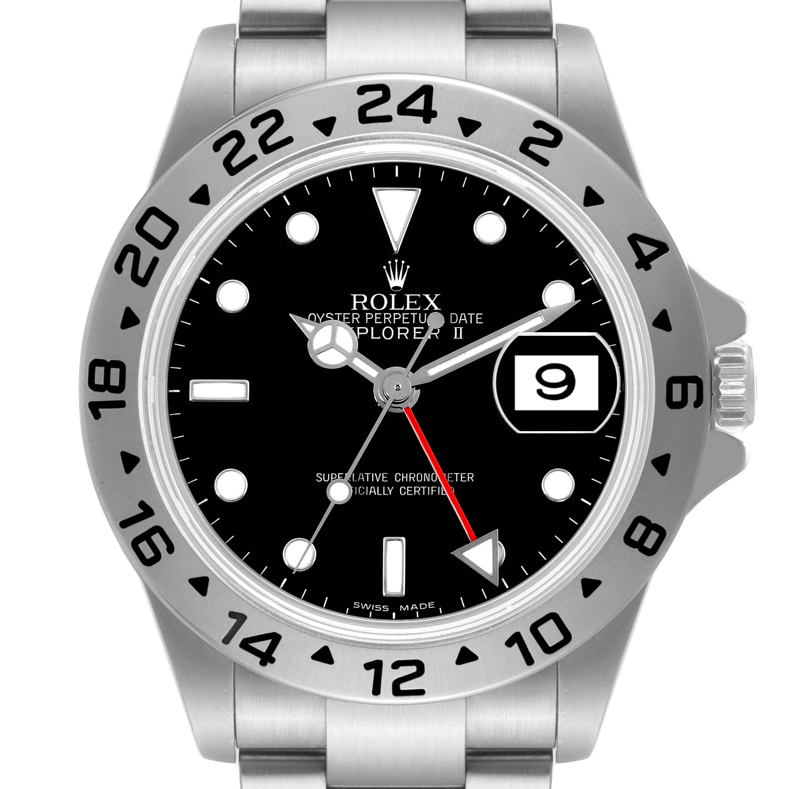 The image shows a frontal view of a Rolex Explorer 16570 Men
s Stainless Steel Black Dial 16570 Men
s Stainless Steel Black Dial watch, featuring the dial, bezel, hands, and bracelet.