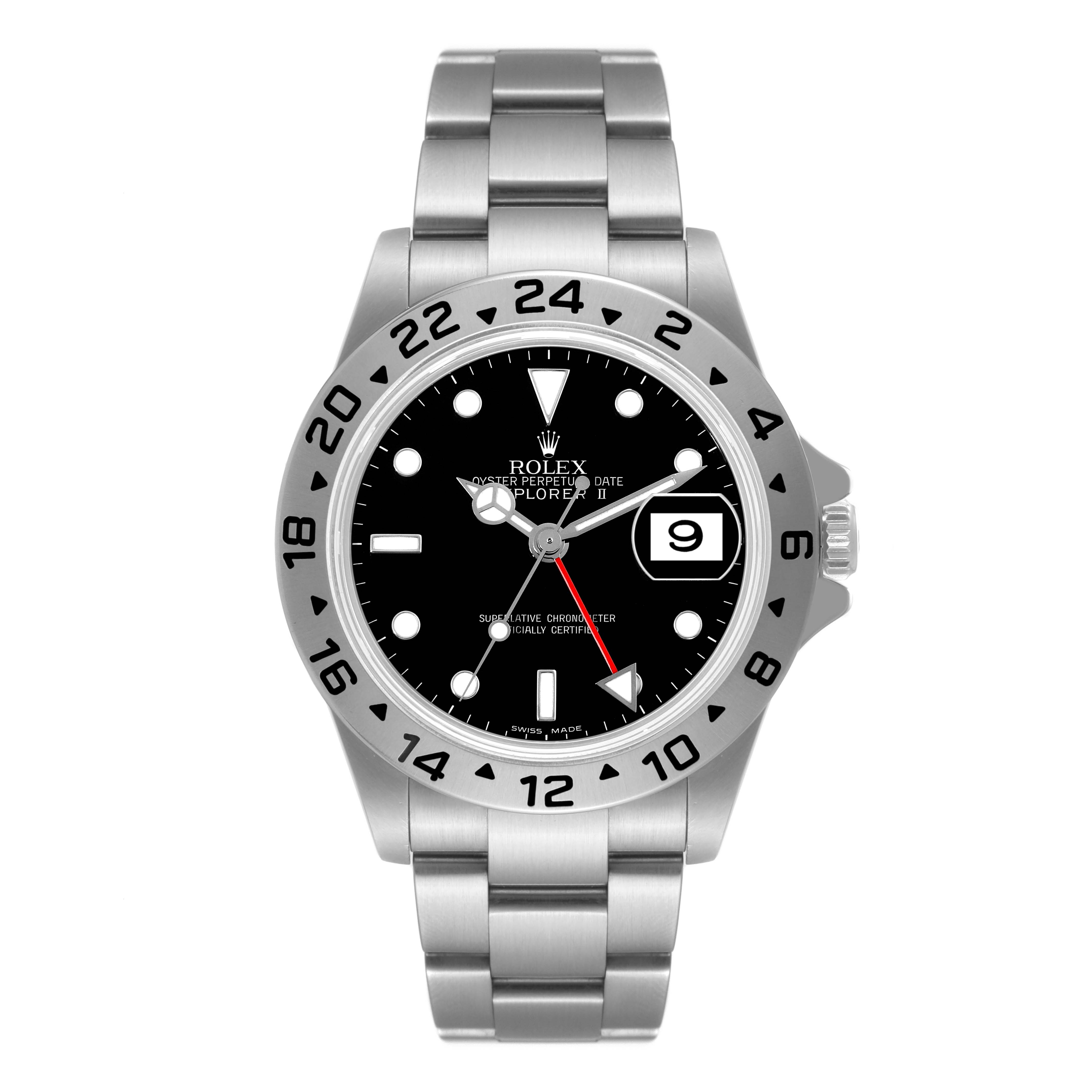 The image shows a front view of a Rolex Explorer 16570 Men
s Stainless Steel Black Dial 16570 Men
s Stainless Steel Black Dial watch, displaying its dial, bezel, and bracelet.