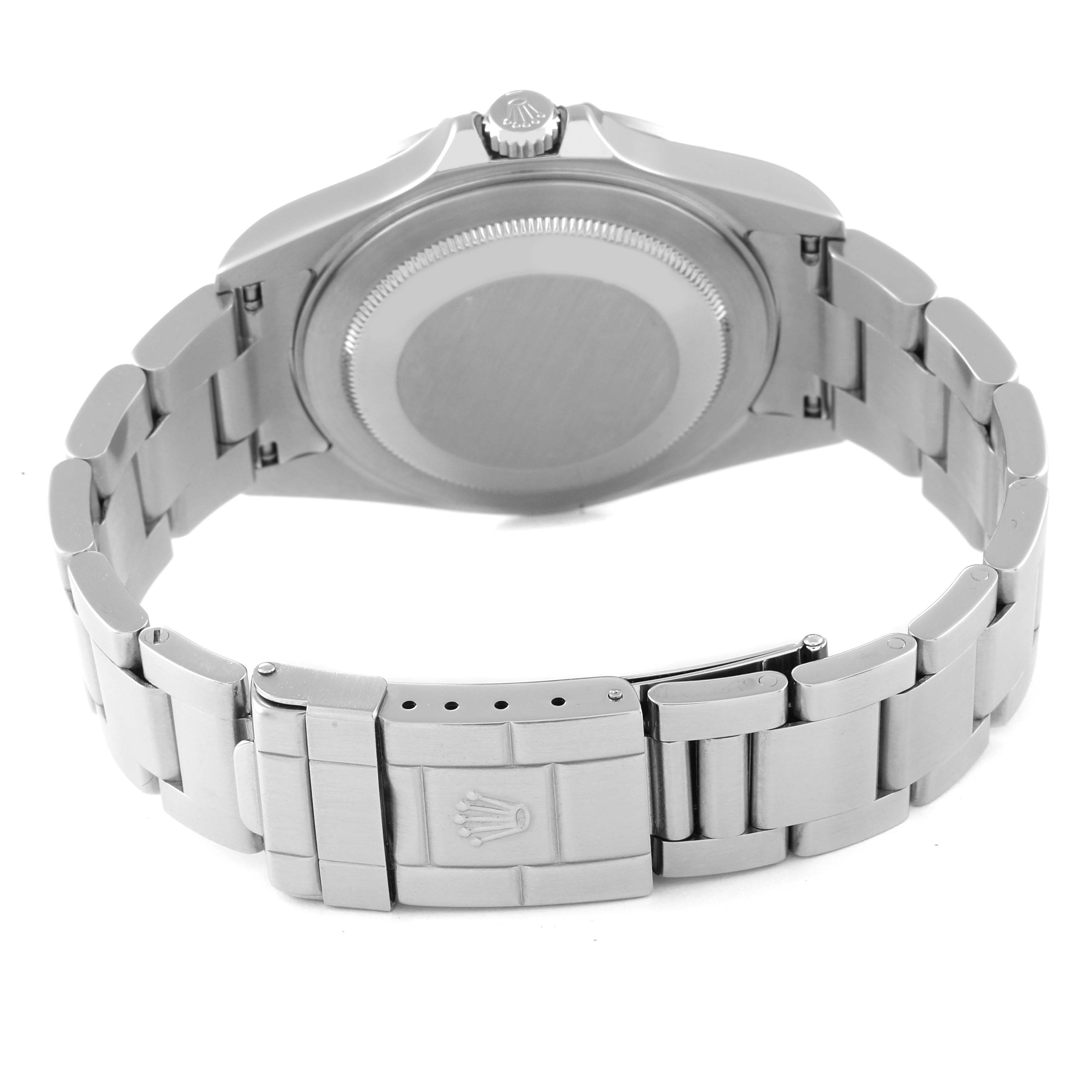 This image shows the back view of the case and bracelet of a Rolex Explorer 16570 Men
s Stainless Steel Black Dial 16570 Men
s Stainless Steel Black Dial watch.