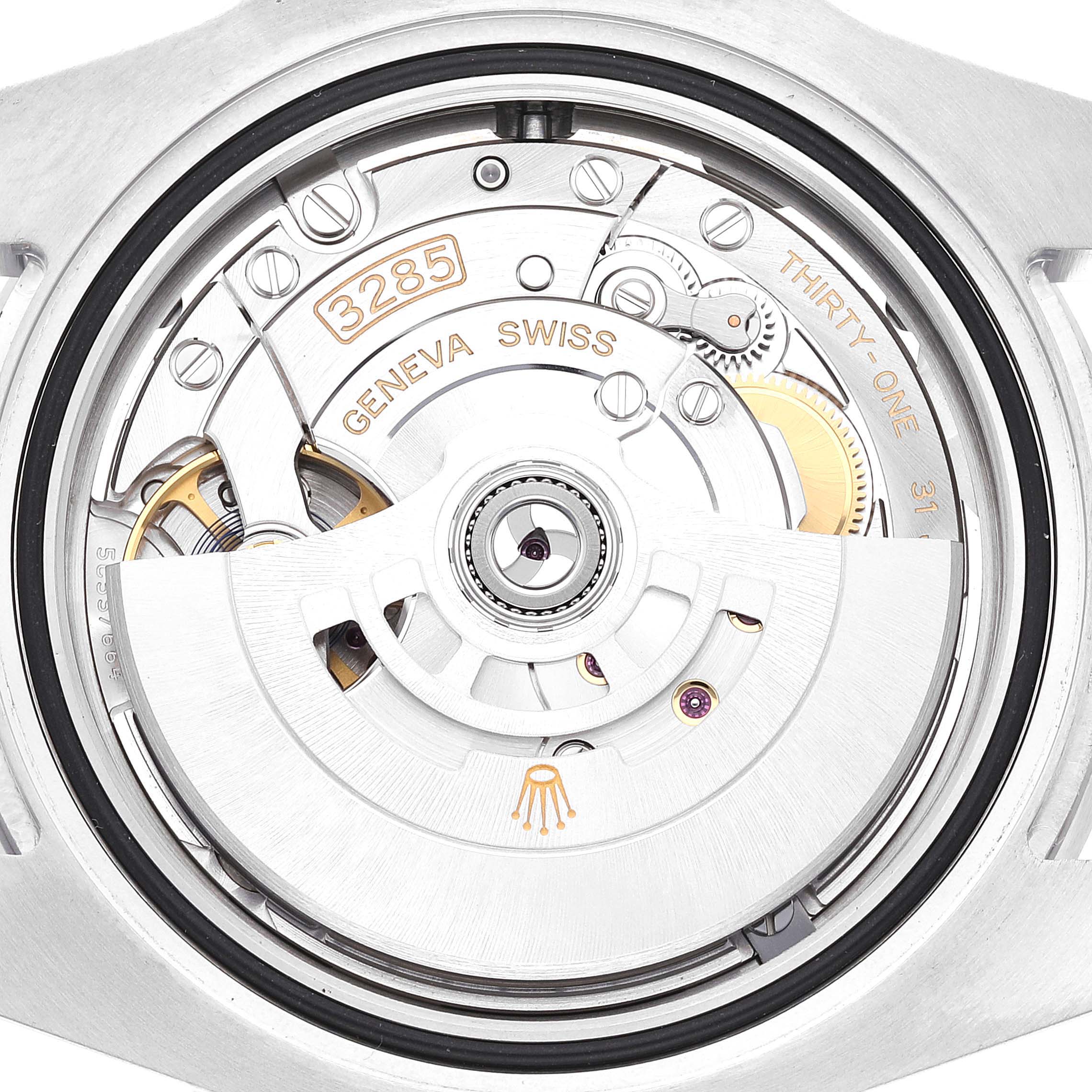 This image shows the movement mechanism of a Rolex GMT-Master 126710 Men
s Stainless Steel Black Dial 126710 Men
s Stainless Steel Black Dial watch from a close-up perspective.