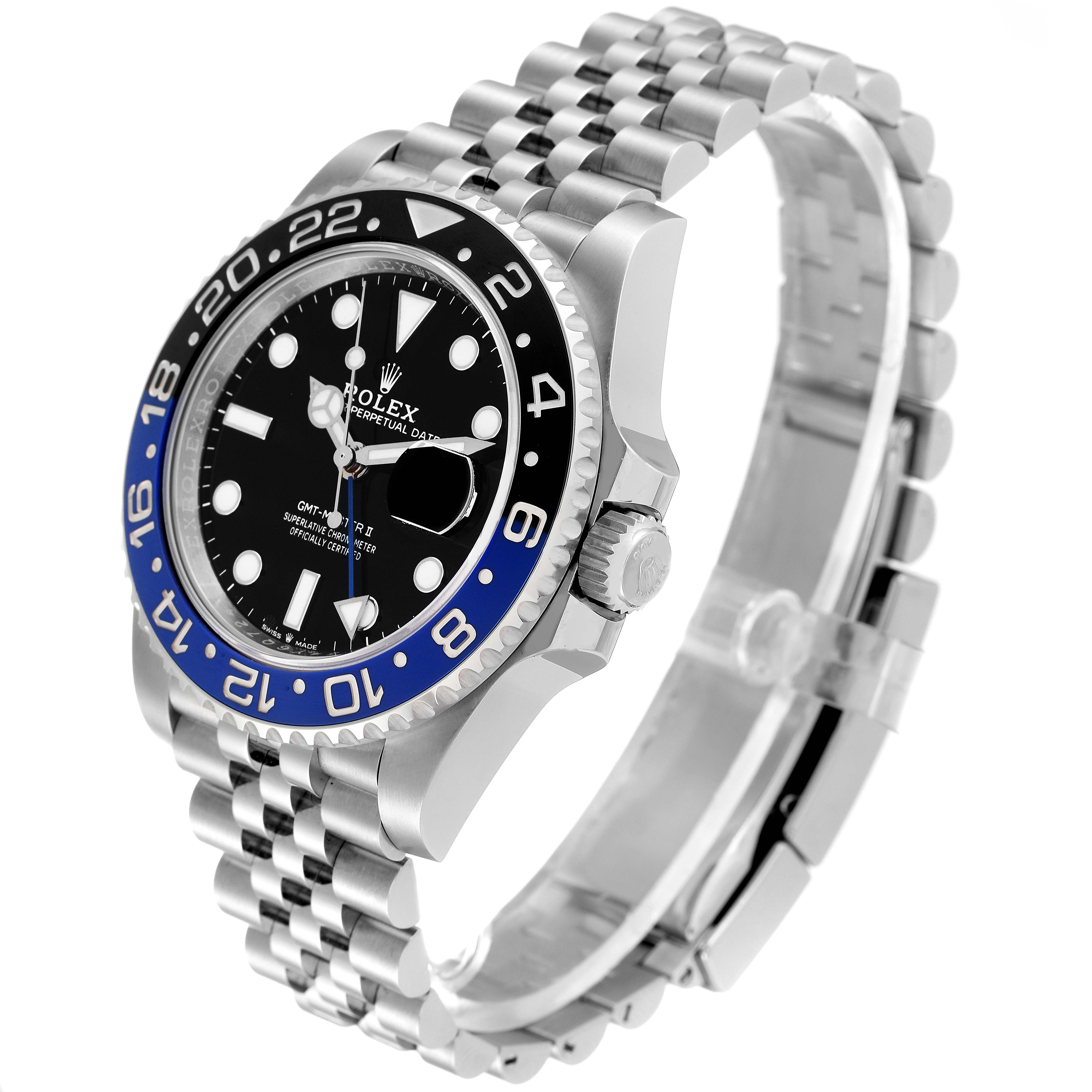 The Rolex GMT-Master 126710 Men
s Stainless Steel Black Dial 126710 Men
s Stainless Steel Black Dial watch is shown from an angled side view, highlighting its bezel, dial, crown, and Jubilee bracelet.