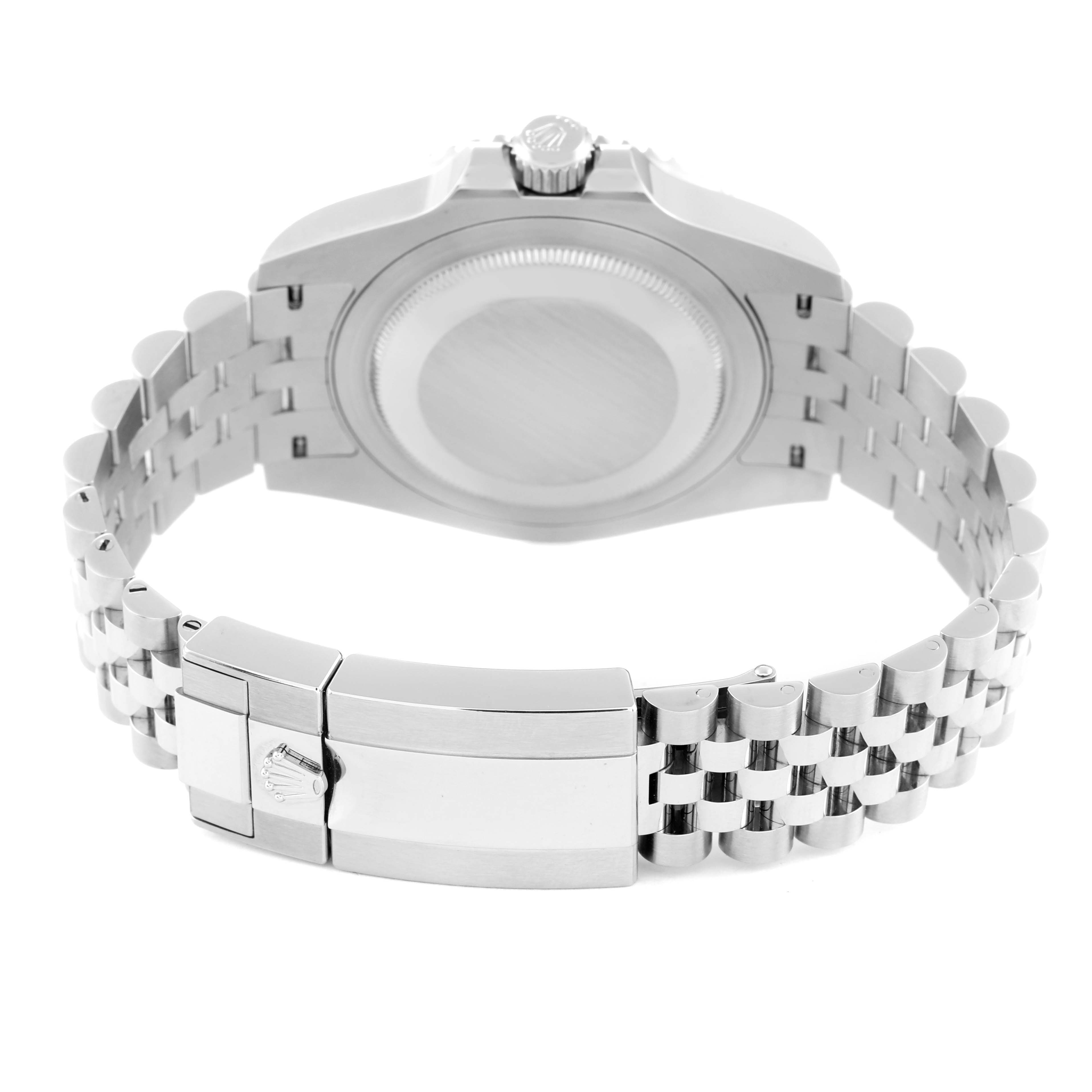 The image shows the back view of a Rolex GMT-Master 126710 Men
s Stainless Steel Black Dial 126710 Men
s Stainless Steel Black Dial watch, displaying the case back and the bracelet clasp.