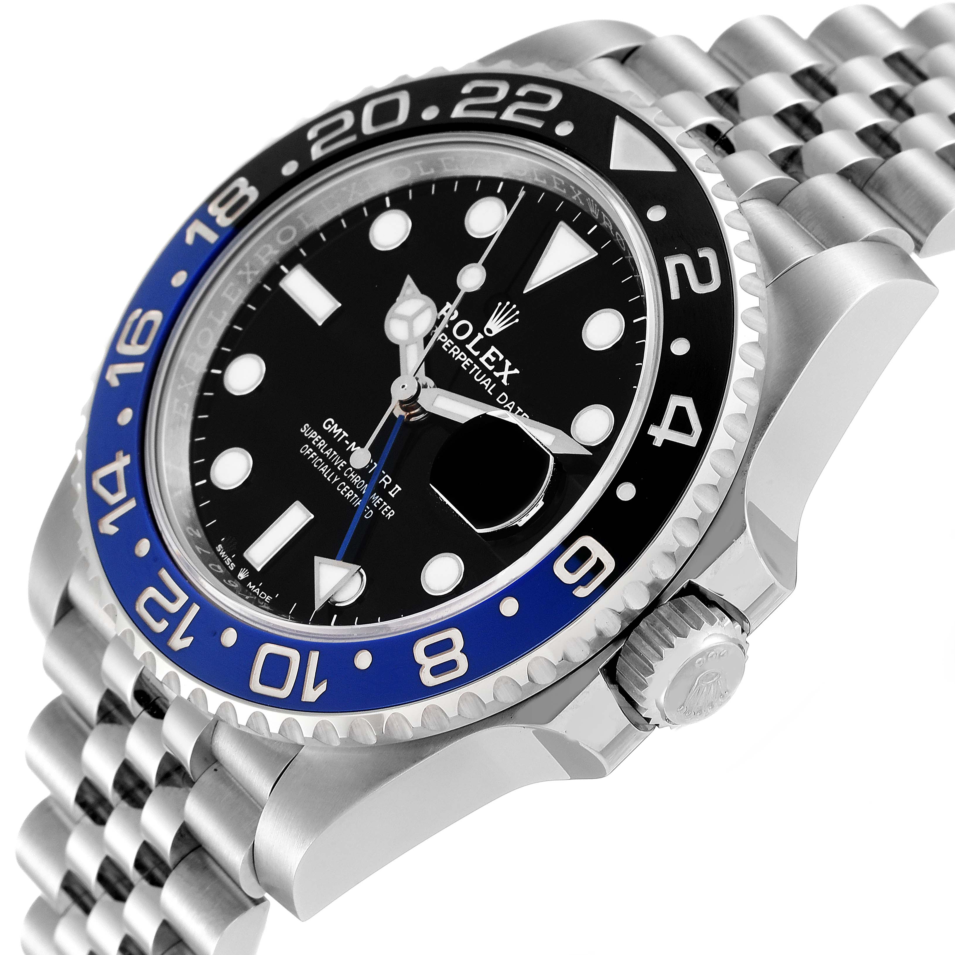 This image shows a side angle of the Rolex GMT-Master 126710 Men
s Stainless Steel Black Dial 126710 Men
s Stainless Steel Black Dial watch, highlighting its bezel, crown, and bracelet.