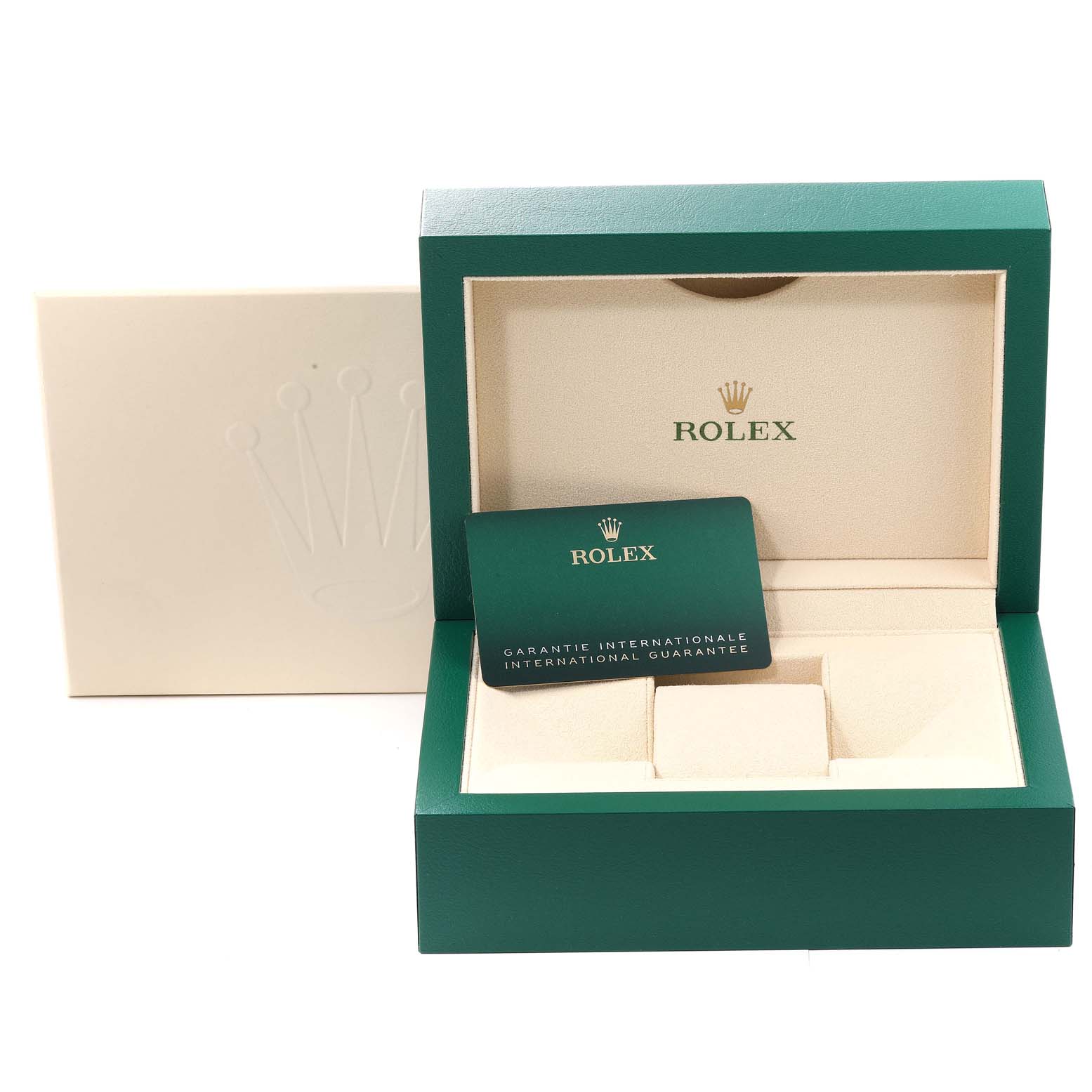 The image shows an open Rolex GMT-Master 126710 Men
s Stainless Steel Black Dial 126710 Men
s Stainless Steel Black Dial watch box with an international guarantee card.