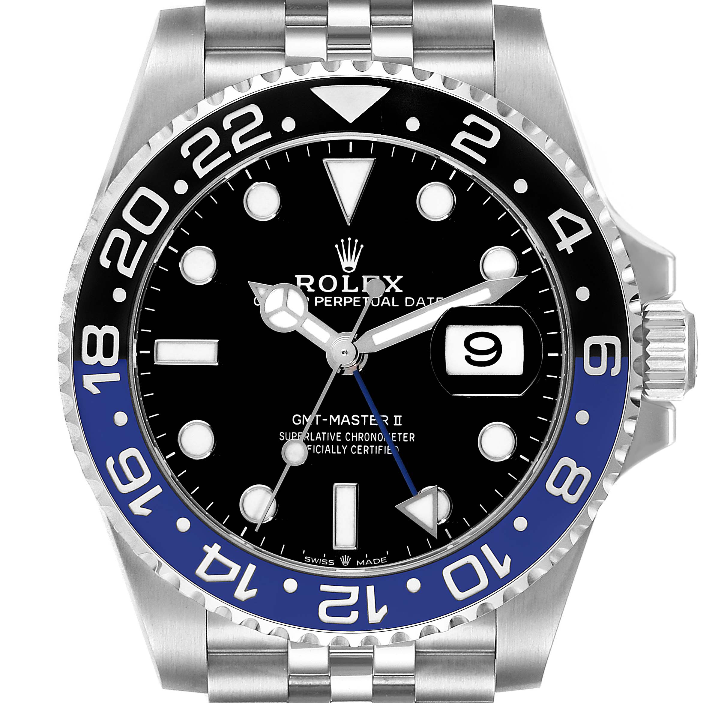 This image shows a front view of a Rolex GMT-Master 126710 Men
s Stainless Steel Black Dial 126710 Men
s Stainless Steel Black Dial II watch, highlighting the bezel, dial, hands, and part of the bracelet.