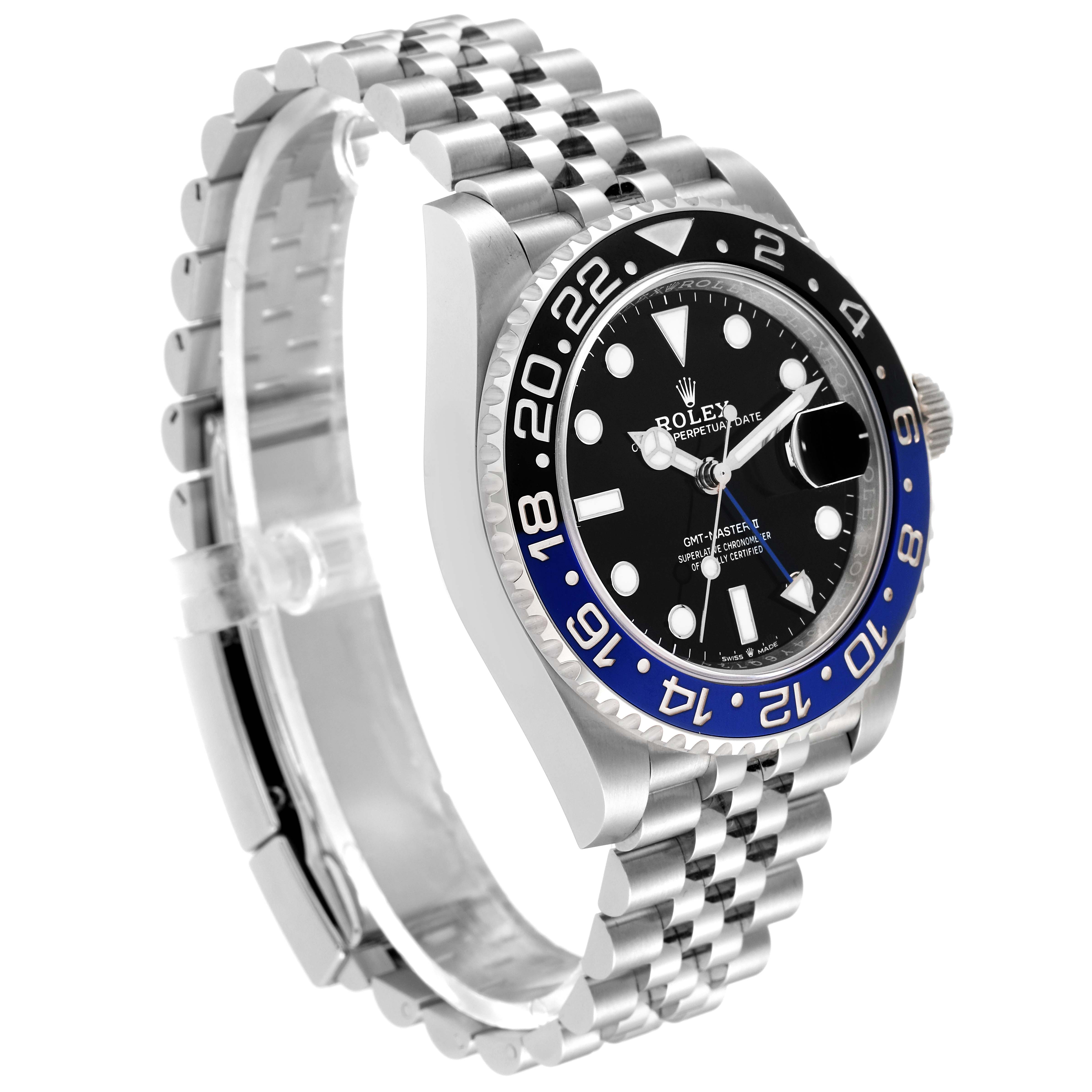 The image shows the front and side view of a Rolex GMT-Master 126710 Men
s Stainless Steel Black Dial 126710 Men
s Stainless Steel Black Dial watch with its bezel, dial, case, and bracelet visible.