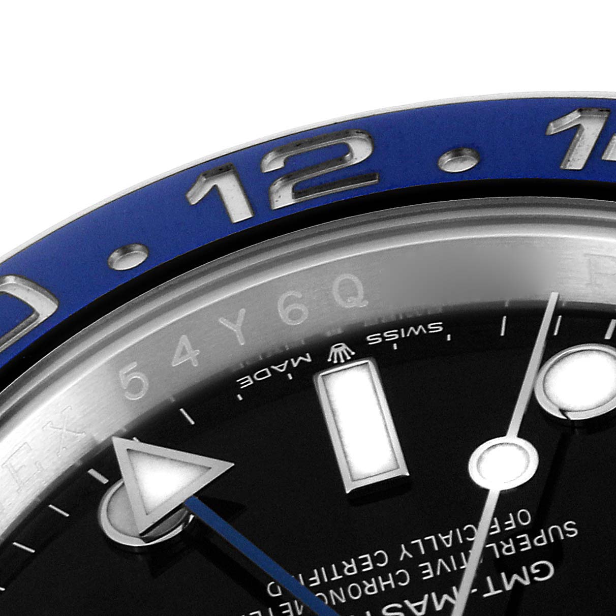 The image shows a close-up of the dial and bezel, highlighting the 12-hour marker of the Rolex GMT-Master 126710 Men
s Stainless Steel Black Dial 126710 Men
s Stainless Steel Black Dial watch.