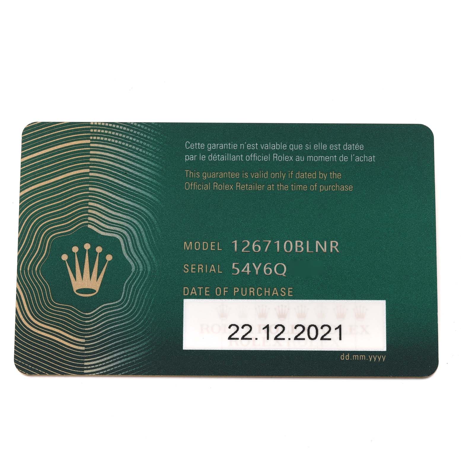 The image shows the warranty card for the Rolex GMT-Master 126710 Men
s Stainless Steel Black Dial 126710 Men
s Stainless Steel Black Dial model 126710BLNR, including serial number and purchase date.