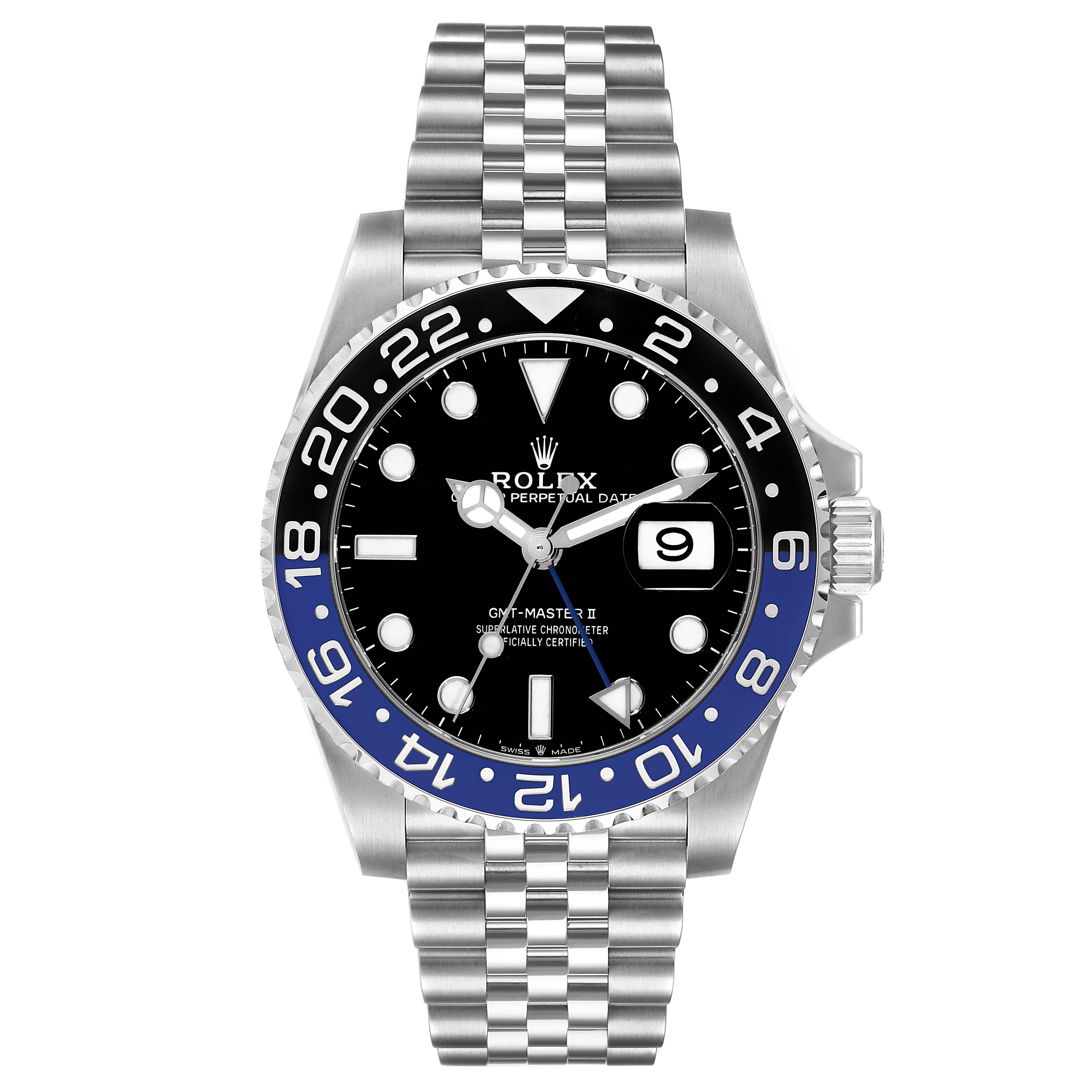 The image shows a front view of the Rolex GMT-Master 126710 Men
s Stainless Steel Black Dial 126710 Men
s Stainless Steel Black Dial II watch, highlighting its black dial, blue and black bezel, and Jubilee bracelet.