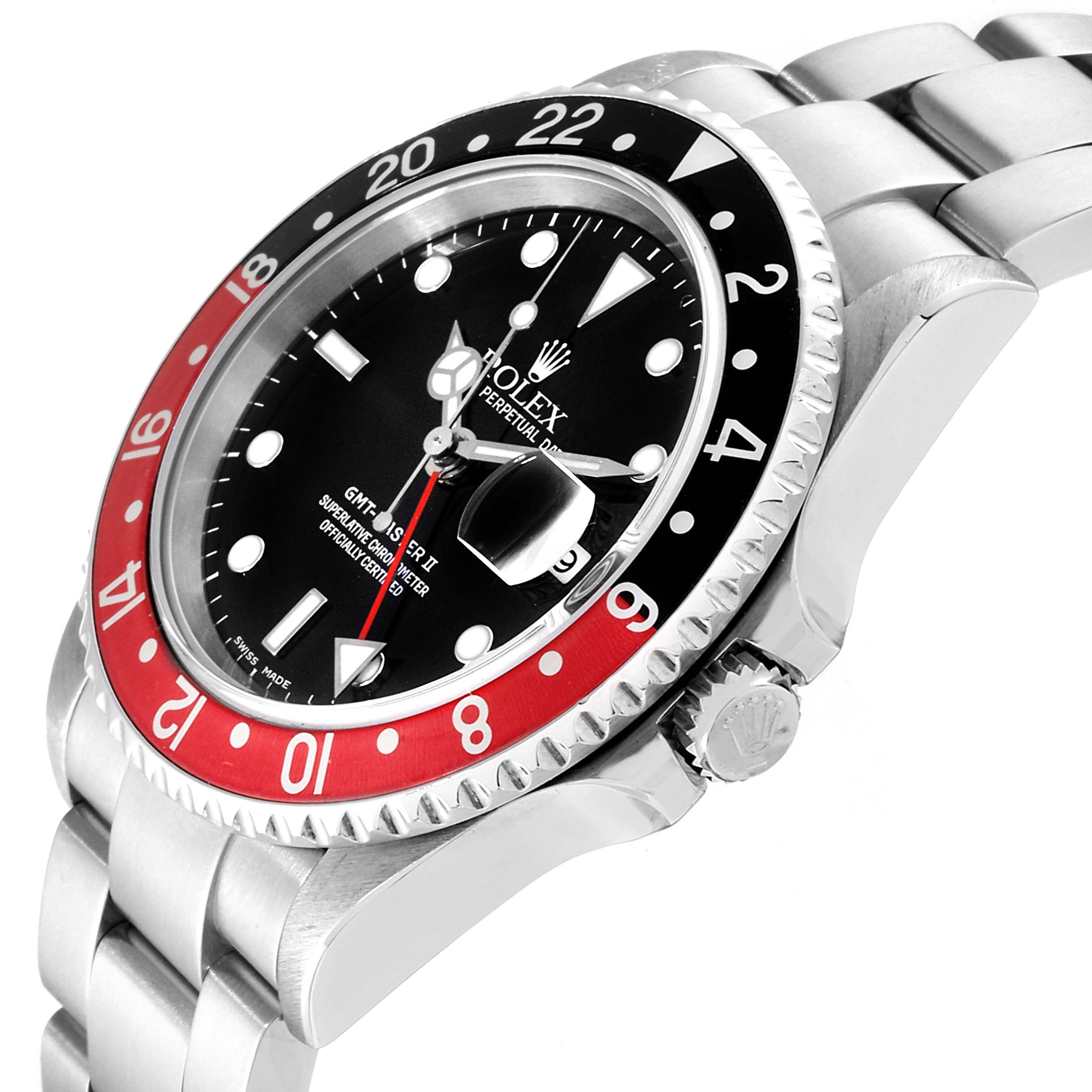 This image shows a side angle view of the Rolex GMT-Master 16710 Men
s Stainless Steel Black Dial 16710 Men
s Stainless Steel Black Dial watch, featuring its bezel, crown, and part of the bracelet.