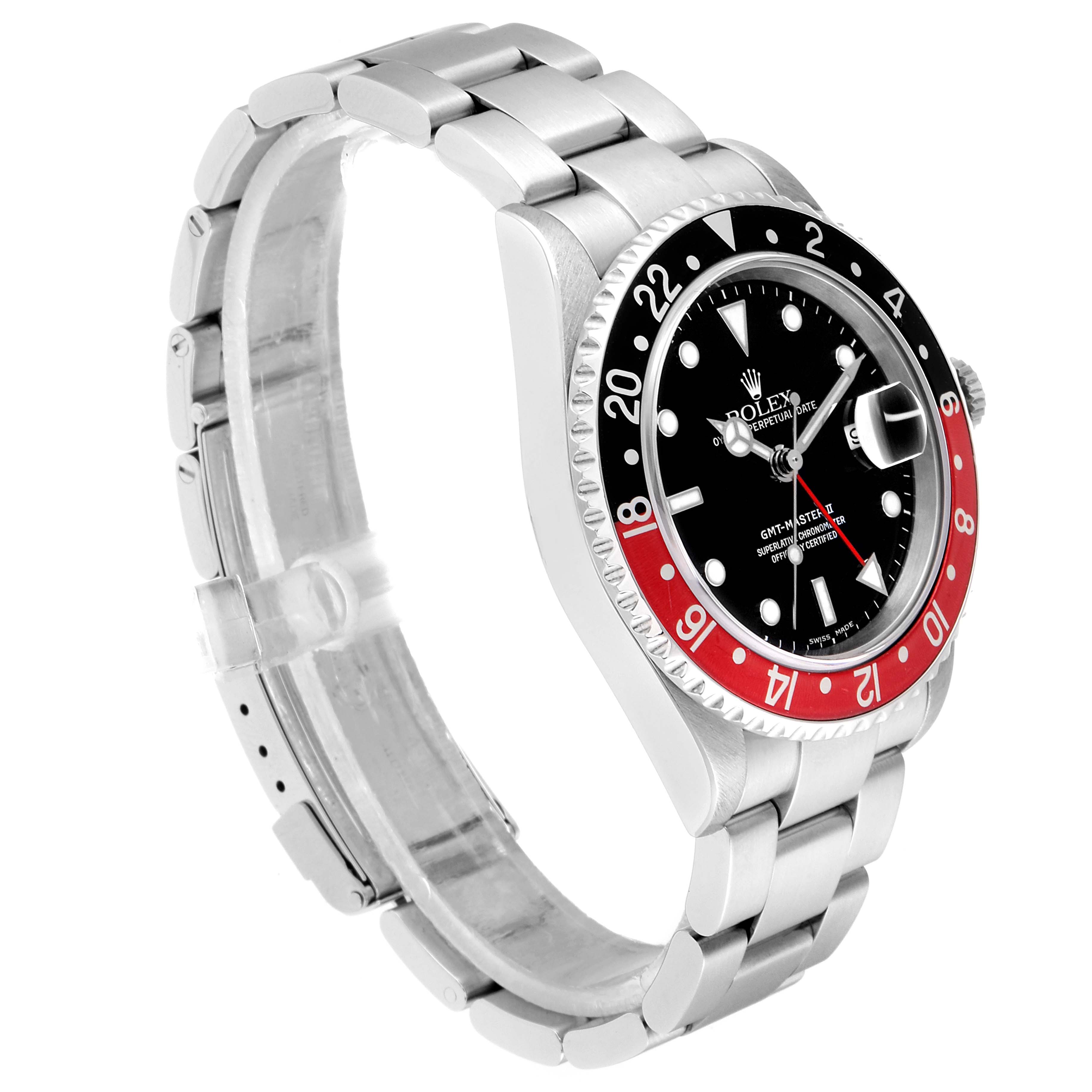 The image shows a side view of a Rolex GMT-Master 16710 Men
s Stainless Steel Black Dial 16710 Men
s Stainless Steel Black Dial watch, highlighting the bezel, dial, and bracelet.