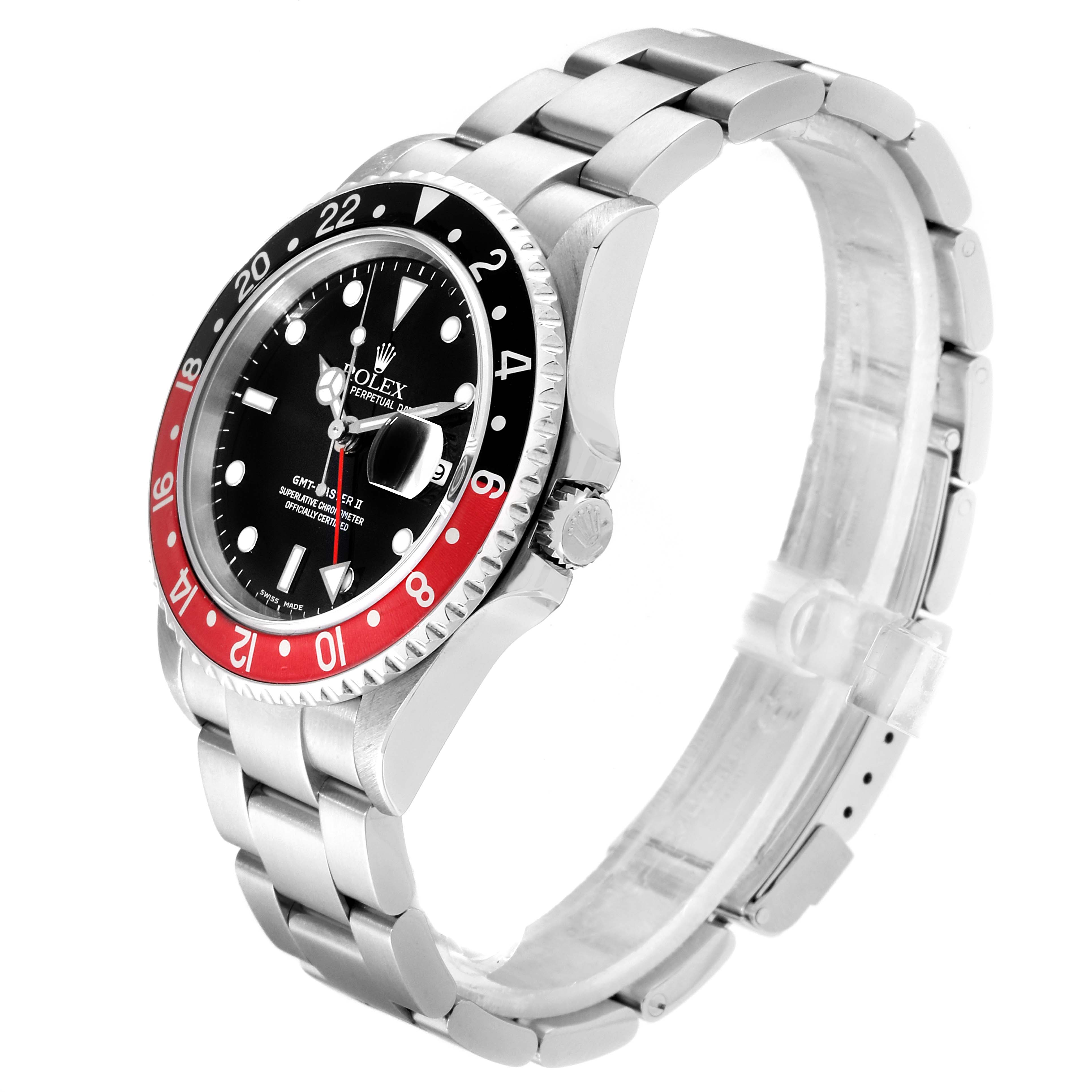 The Rolex GMT-Master 16710 Men
s Stainless Steel Black Dial 16710 Men
s Stainless Steel Black Dial watch is shown at a three-quarter angle, highlighting the dial, bezel, crown, and bracelet.
