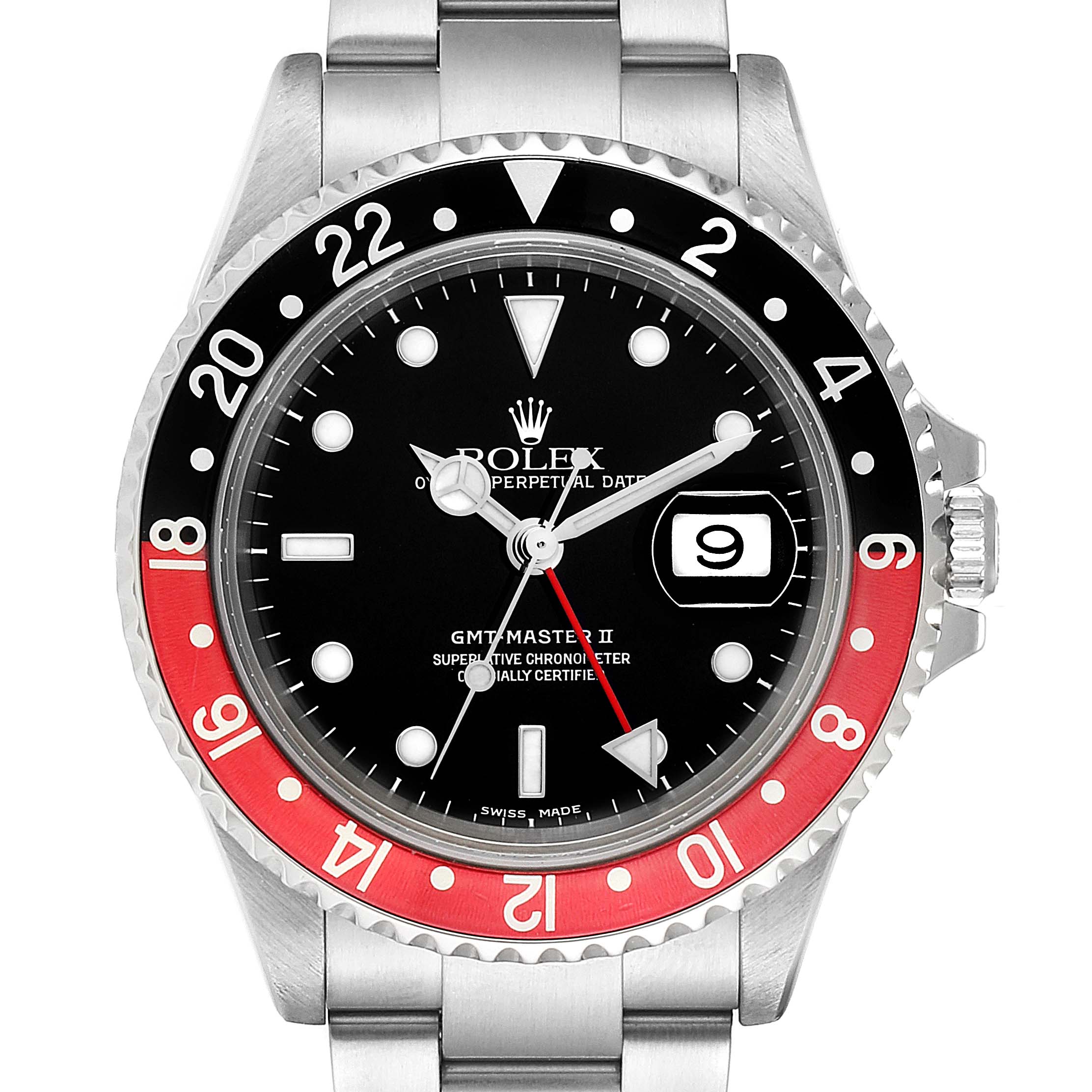The image shows a frontal view of the Rolex GMT-Master 16710 Men
s Stainless Steel Black Dial 16710 Men
s Stainless Steel Black Dial II watch with a black and red bezel, black dial, and silver bracelet.