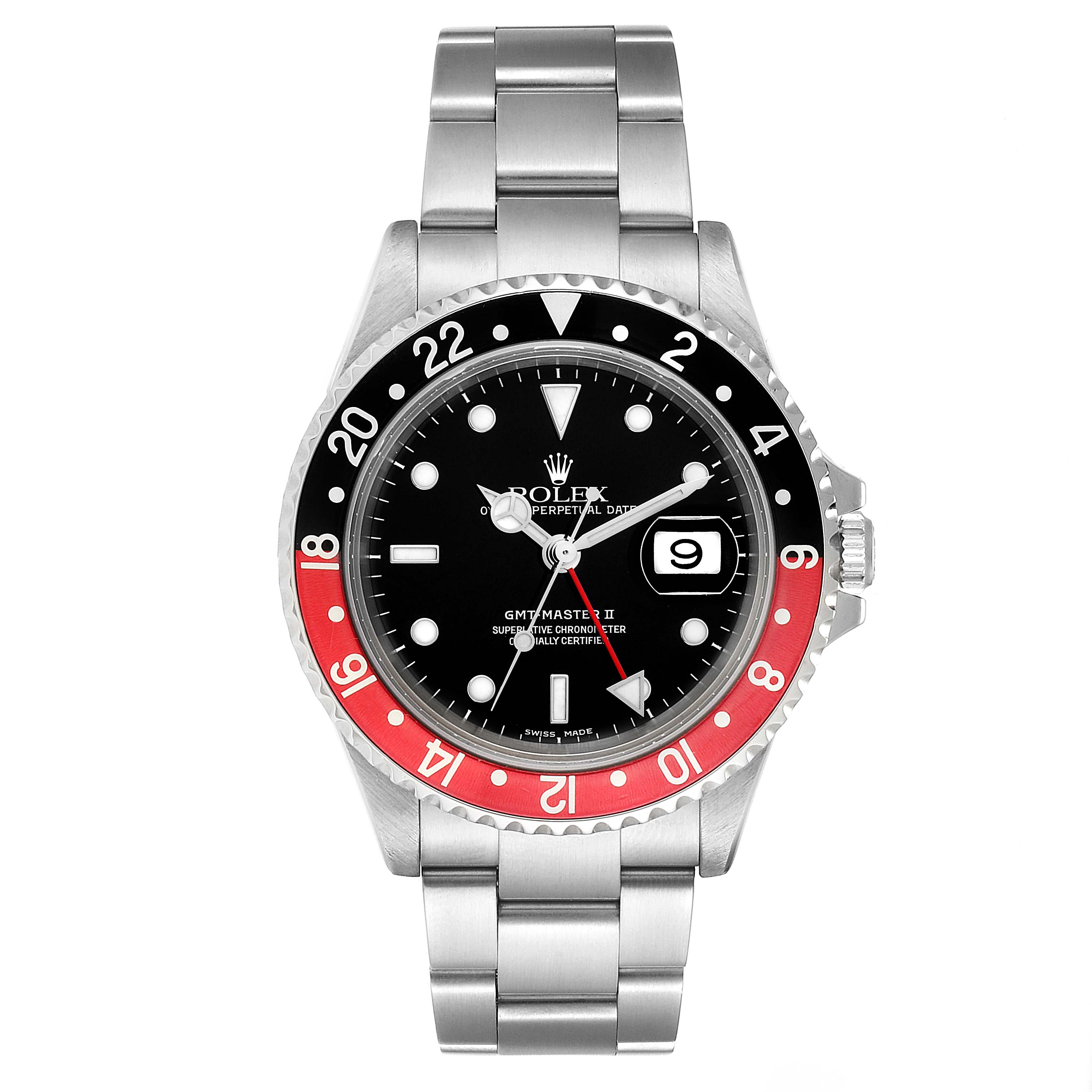 The image shows a frontal view of the Rolex GMT-Master 16710 Men
s Stainless Steel Black Dial 16710 Men
s Stainless Steel Black Dial II watch, prominently displaying its bezel, dial, and bracelet.