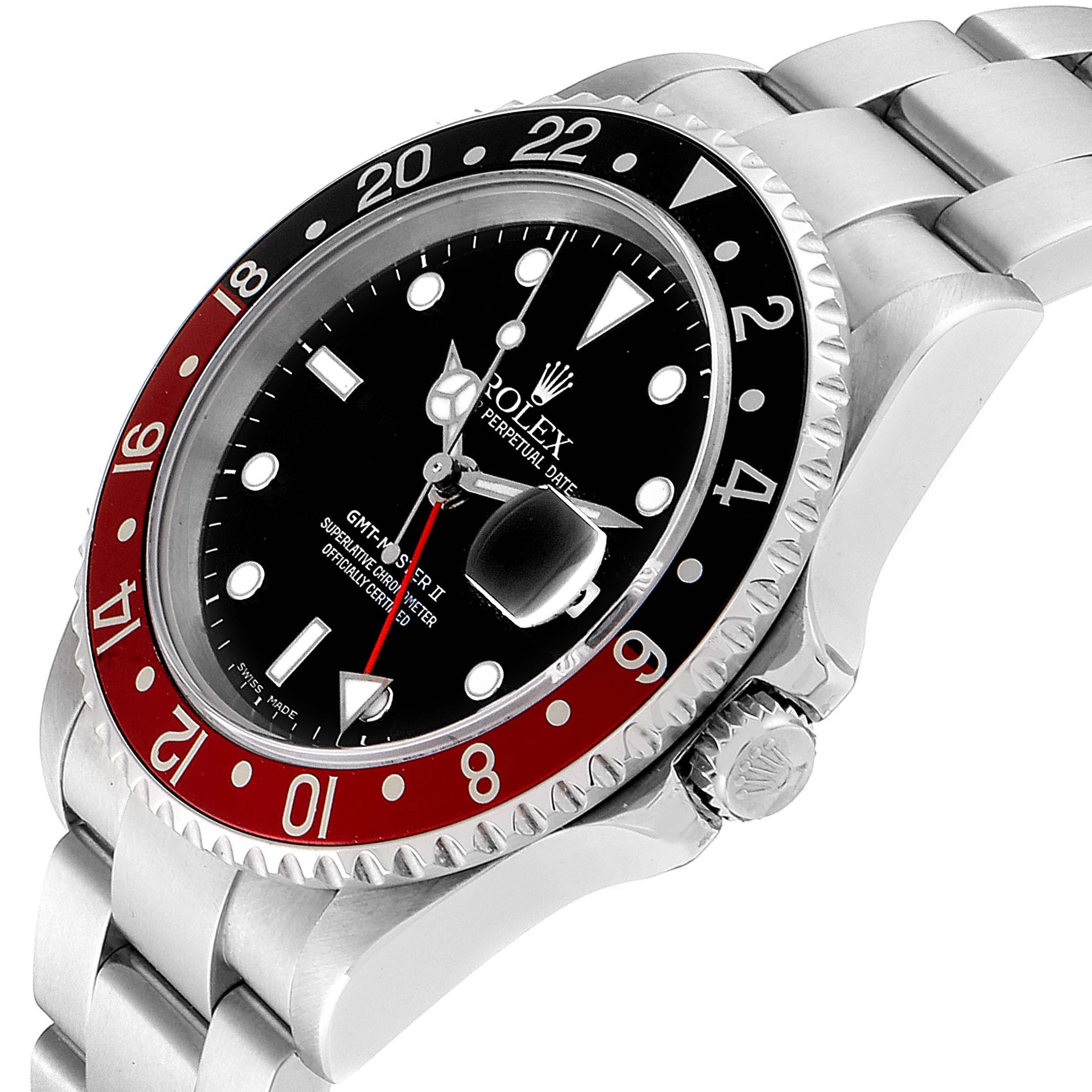 The image shows a Rolex GMT-Master 16710 Men
s Stainless Steel Black Dial 16710 Men
s Stainless Steel Black Dial watch at an angle highlighting its bezel, dial, case, and part of the bracelet.
