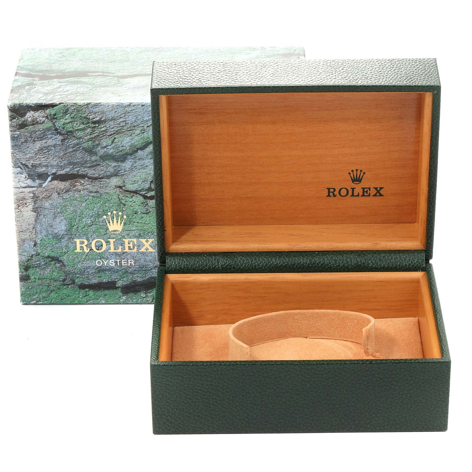 The image shows an open Rolex GMT-Master 16710 Men
s Stainless Steel Black Dial 16710 Men
s Stainless Steel Black Dial watch box, revealing its interior with the Rolex logo.