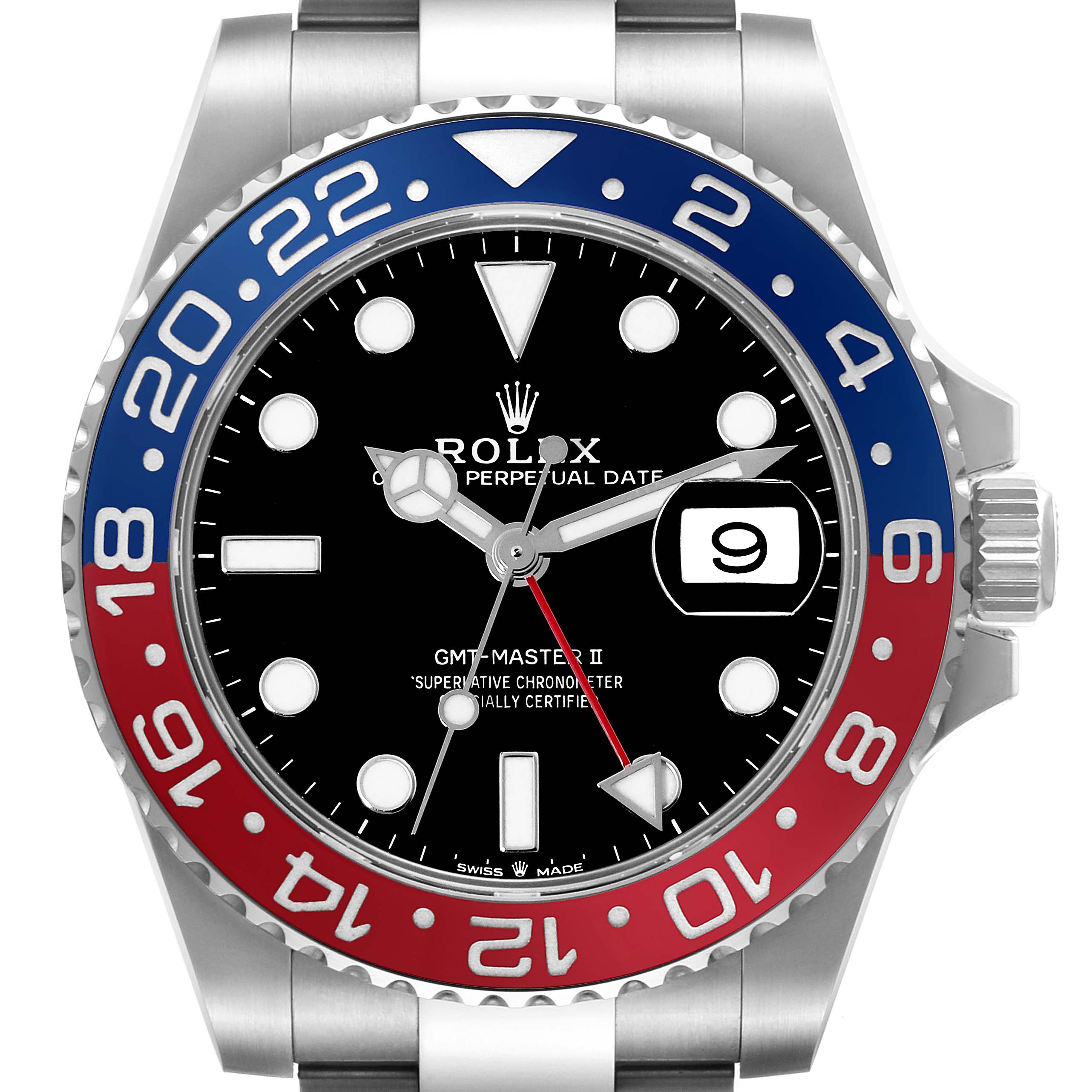 The image shows a frontal view of a Rolex GMT-Master 126710 Men's Stainless Steel Black Dial 126710 Men's Stainless Steel Black Dial II watch with a black dial and a red and blue bezel.