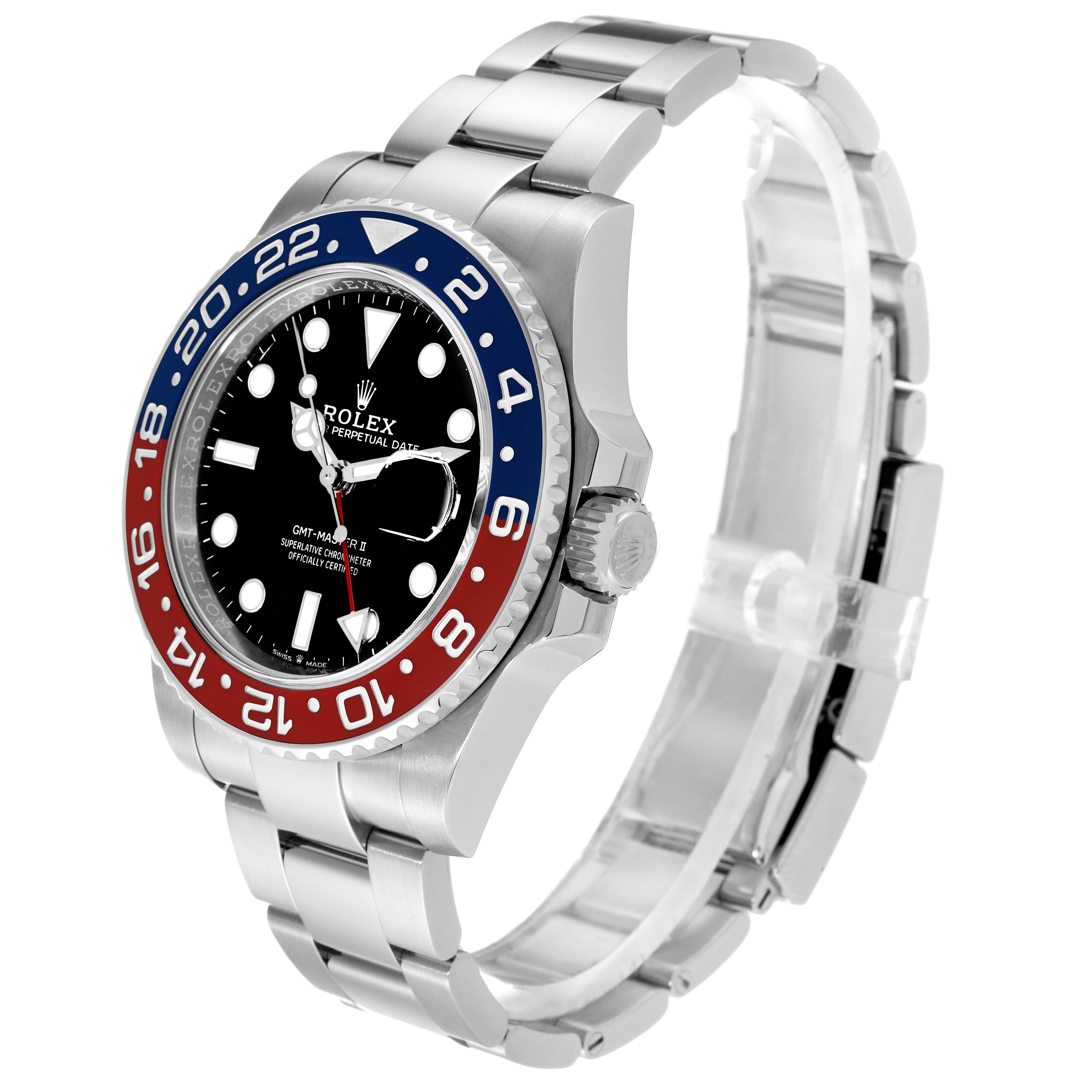 This Rolex GMT-Master 126710 Men's Stainless Steel Black Dial 126710 Men's Stainless Steel Black Dial watch is shown at a three-quarter angle, highlighting the bezel, dial, crown, and bracelet.