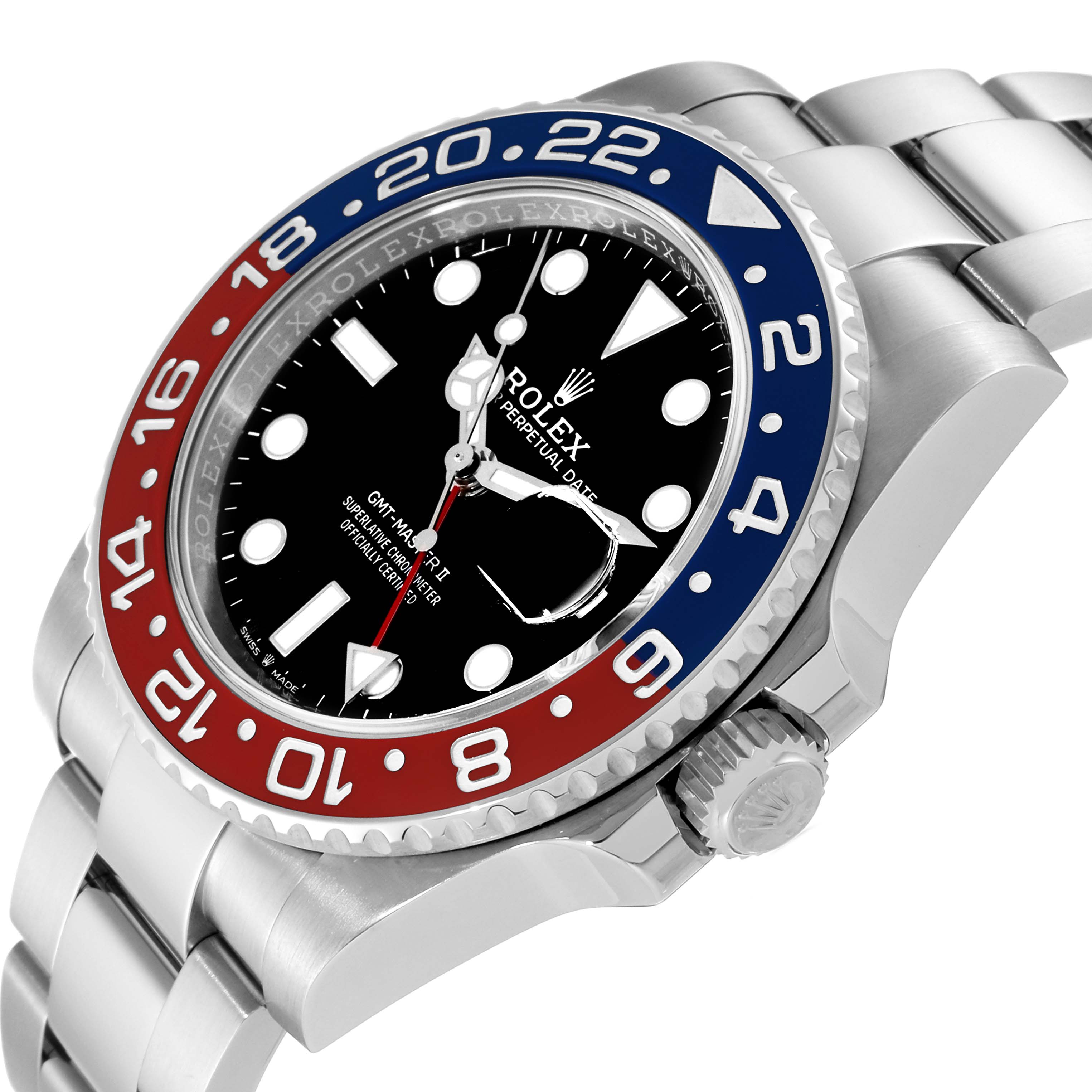 The Rolex GMT-Master 126710 Men's Stainless Steel Black Dial 126710 Men's Stainless Steel Black Dial watch is shown at an angle highlighting the crown, bezel, dial, and part of the bracelet.