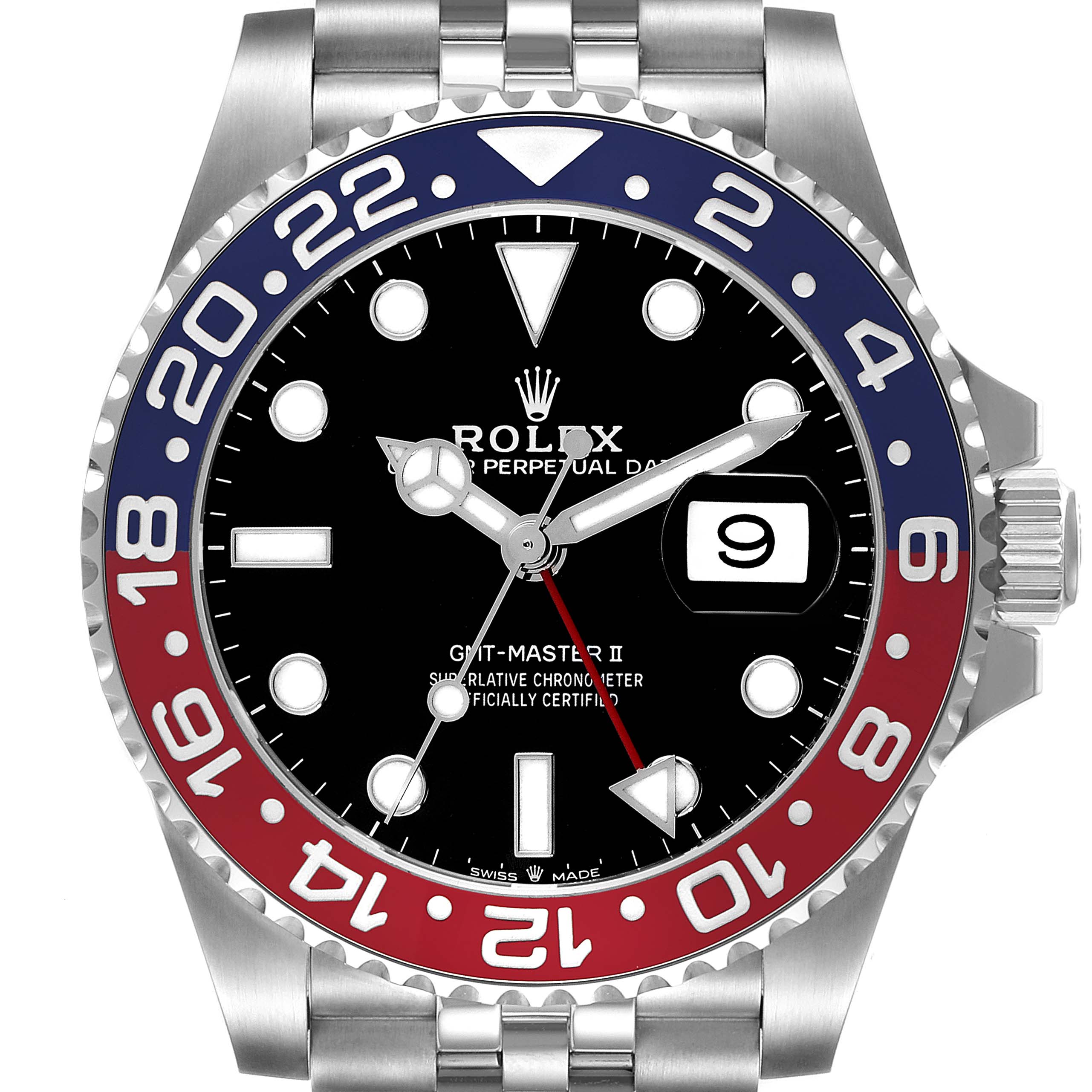 The image shows a front view of a Rolex GMT-Master 126710 Men
s Stainless Steel Black Dial 126710 Men
s Stainless Steel Black Dial II watch, highlighting its bezel, dial, hands, and bracelet.