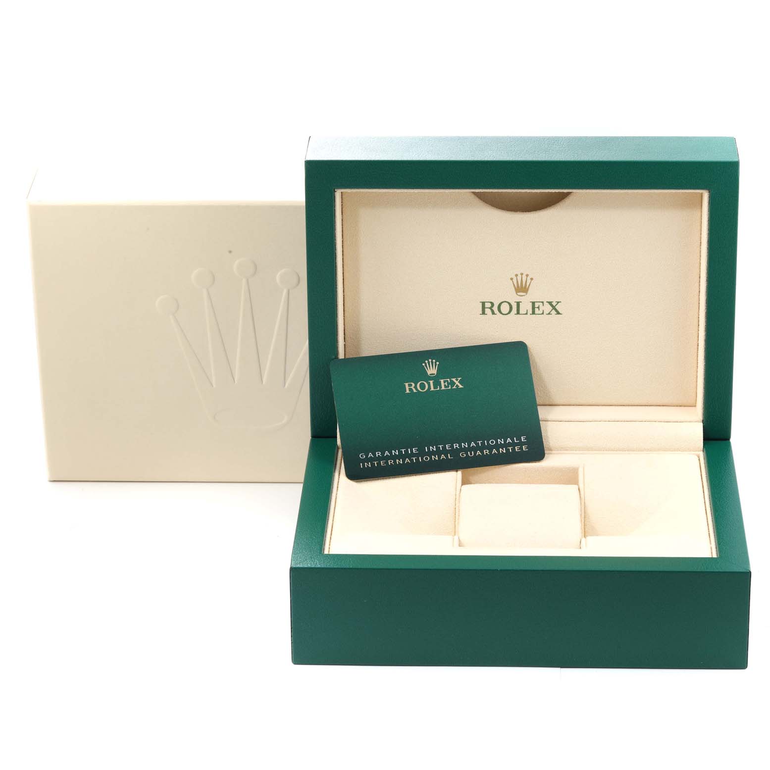 The image shows an open Rolex GMT-Master 126710 Men
s Stainless Steel Black Dial 126710 Men
s Stainless Steel Black Dial watch box with an international guarantee card inside.