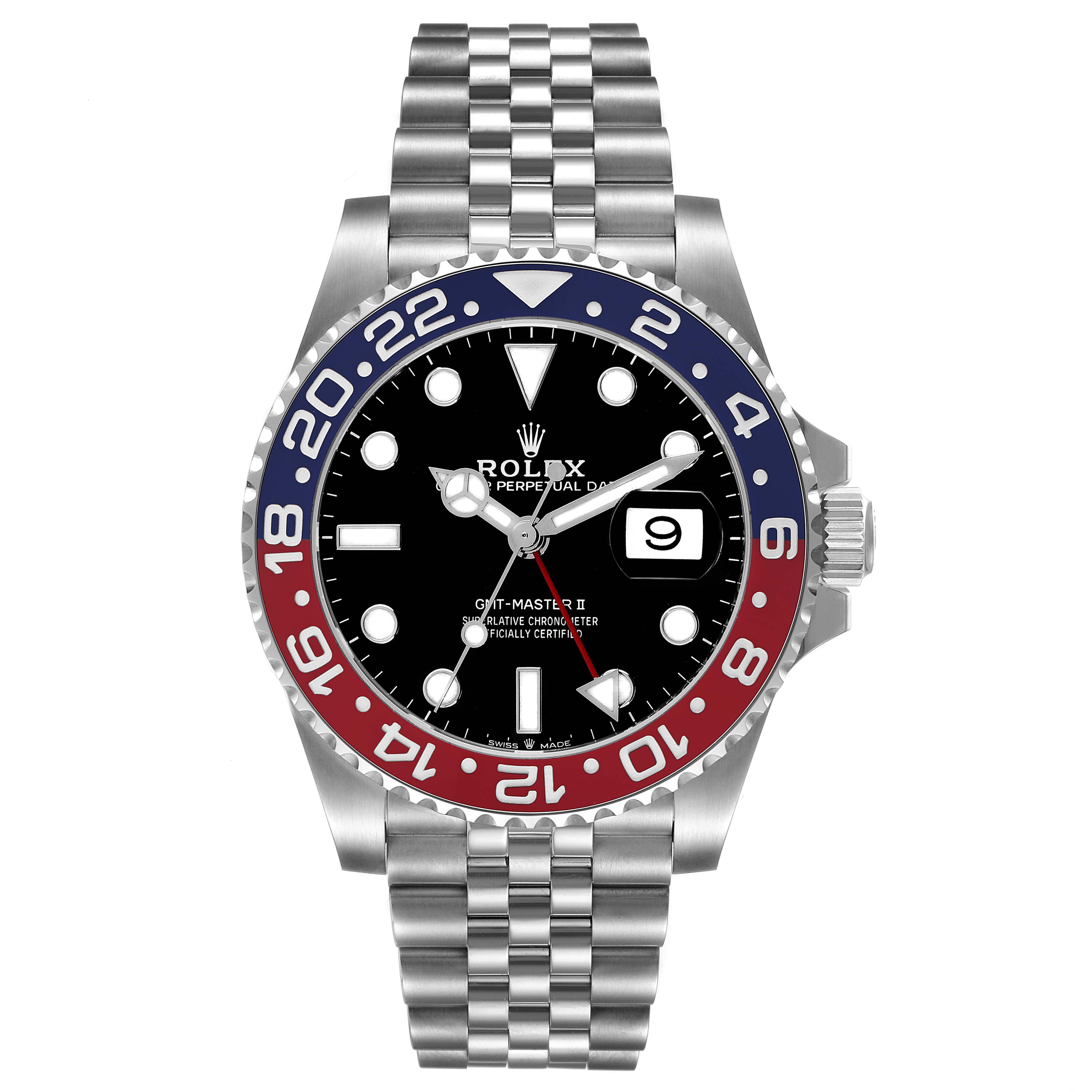 The image shows a front view of the Rolex GMT-Master 126710 Men
s Stainless Steel Black Dial 126710 Men
s Stainless Steel Black Dial II, featuring a black dial, red and blue bezel, and jubilee bracelet.