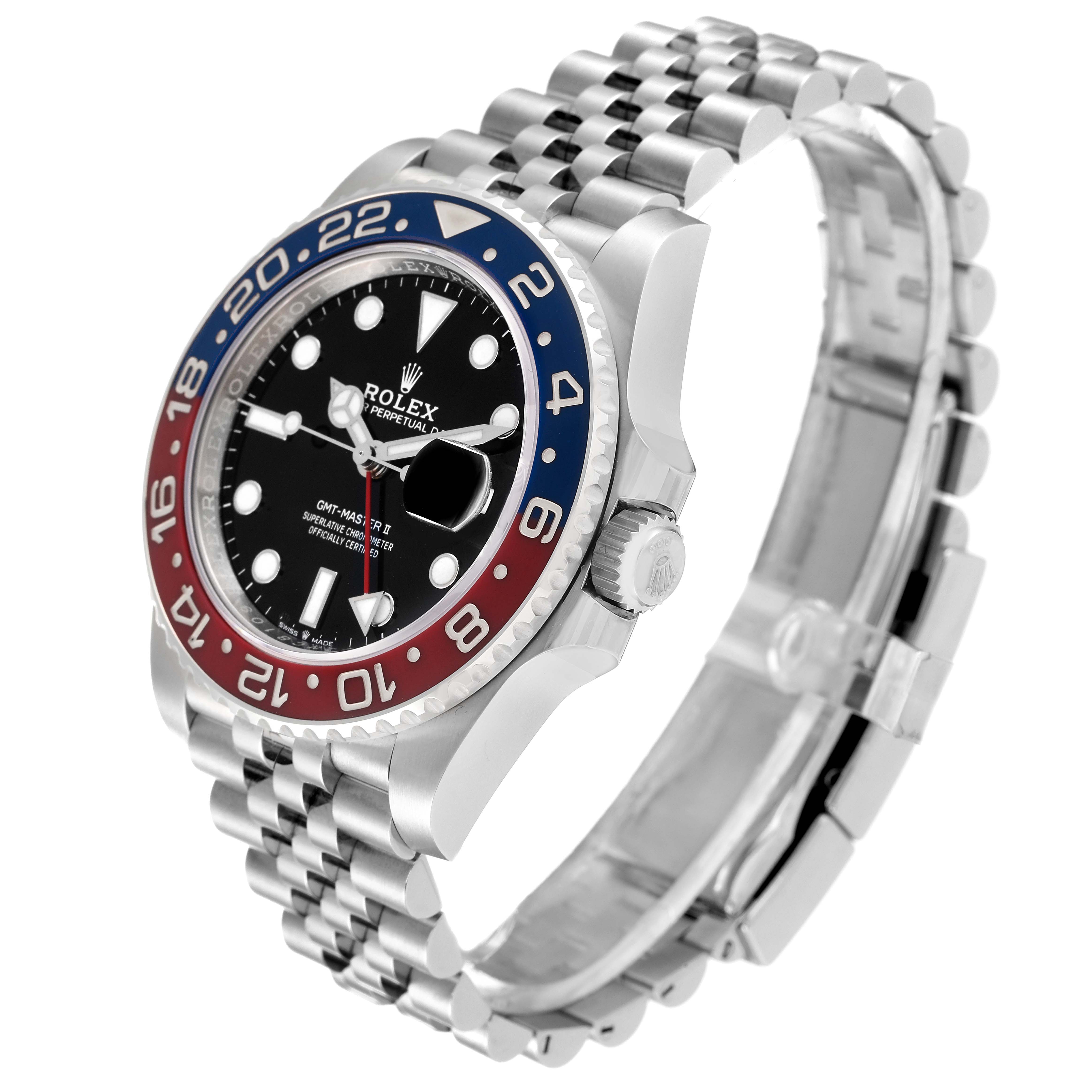 The image shows a Rolex GMT-Master 126710 Men
s Stainless Steel Black Dial 126710 Men
s Stainless Steel Black Dial watch at a slight angle, highlighting the bezel, dial, crown, case, and bracelet.