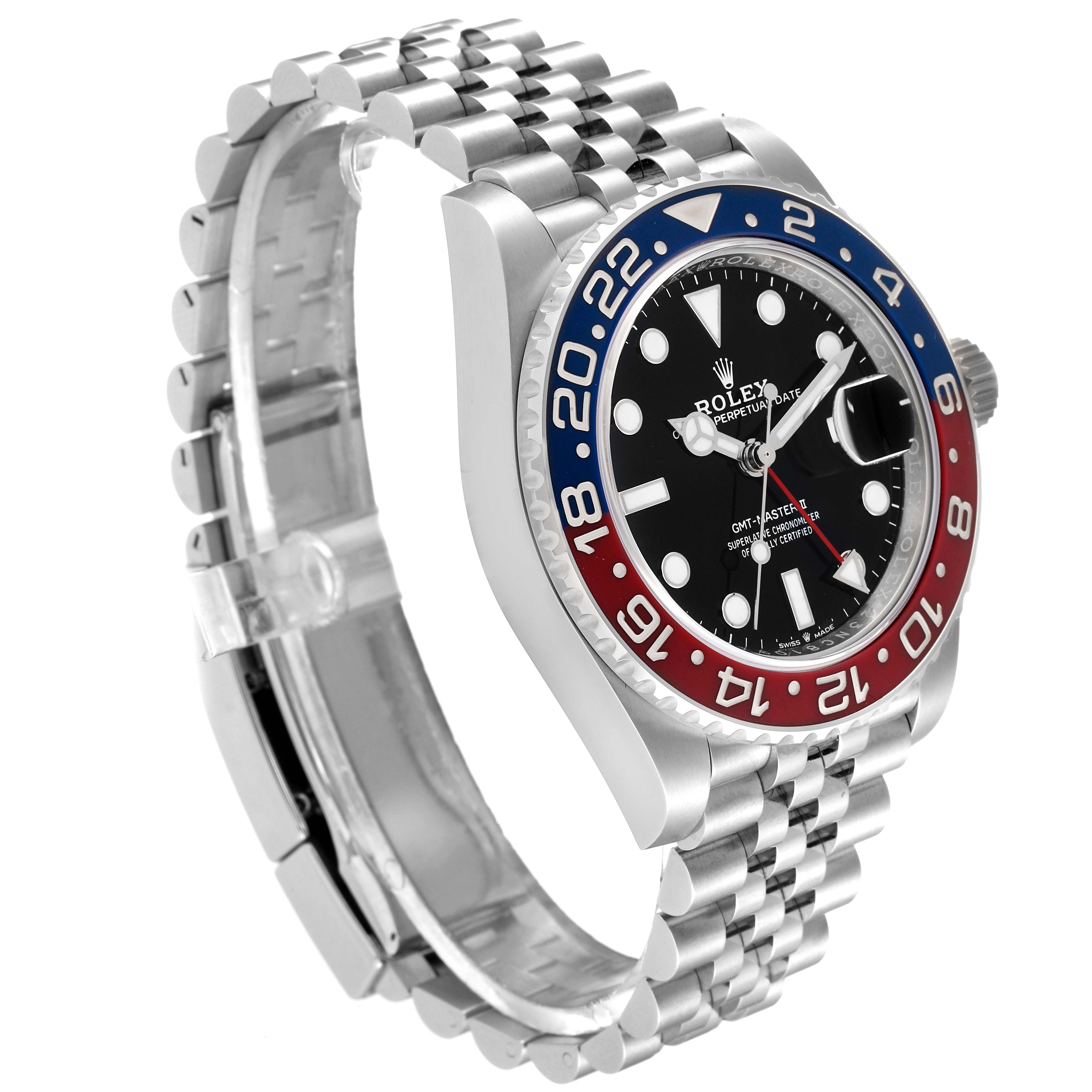 The Rolex GMT-Master 126710 Men
s Stainless Steel Black Dial 126710 Men
s Stainless Steel Black Dial watch is shown at a slight angled side view, displaying its bezel, dial, and bracelet.