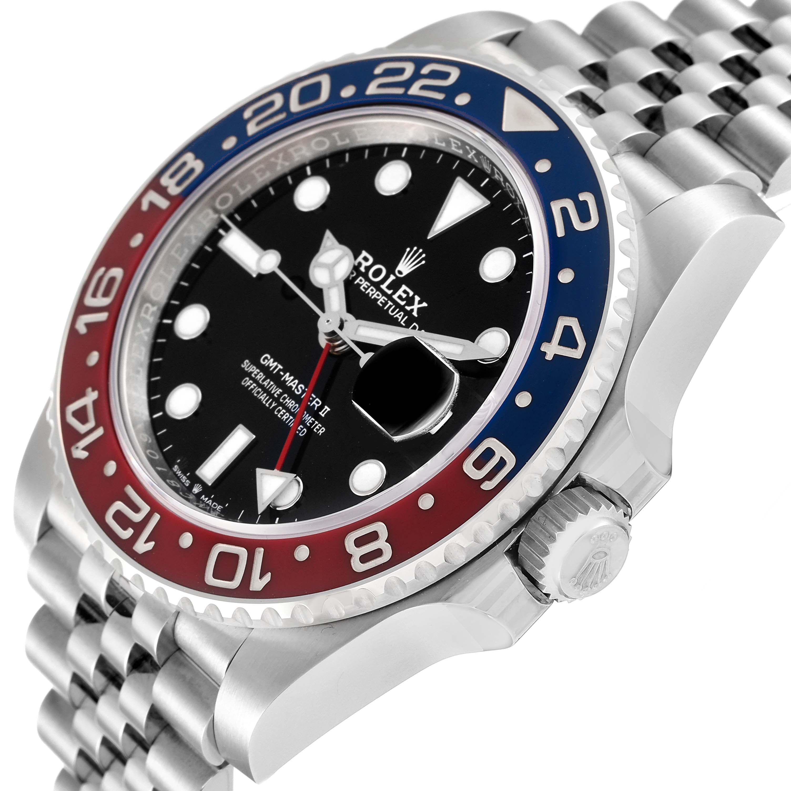 This image shows a close-up of the Rolex GMT-Master 126710 Men
s Stainless Steel Black Dial 126710 Men
s Stainless Steel Black Dial II watch at a slight angle, highlighting the bezel, dial, crown, and part of the bracelet.