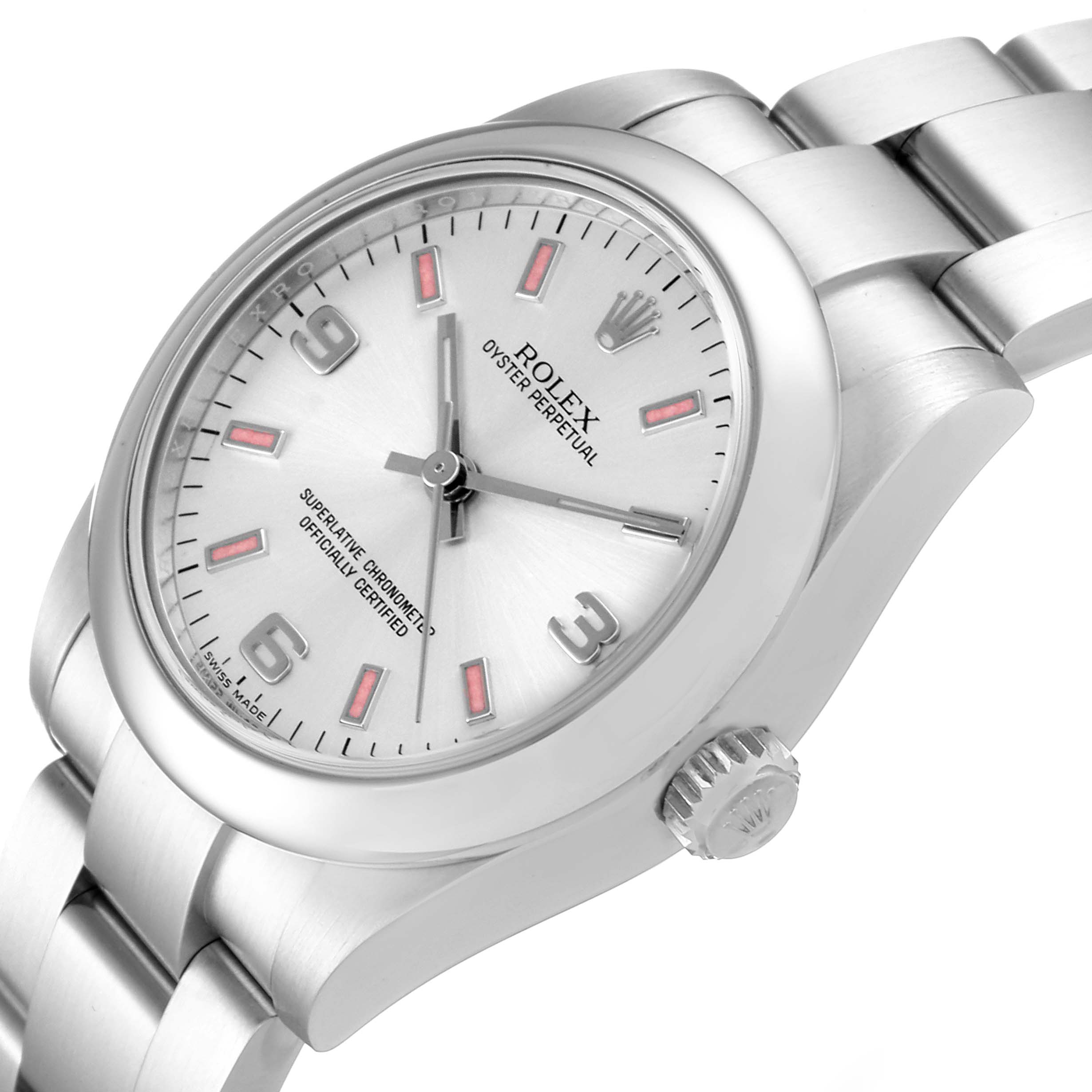 The image shows a silver-tone Rolex Oyster Perpetual Mid-Size model watch from an angled side view, highlighting its dial, crown, and bracelet.