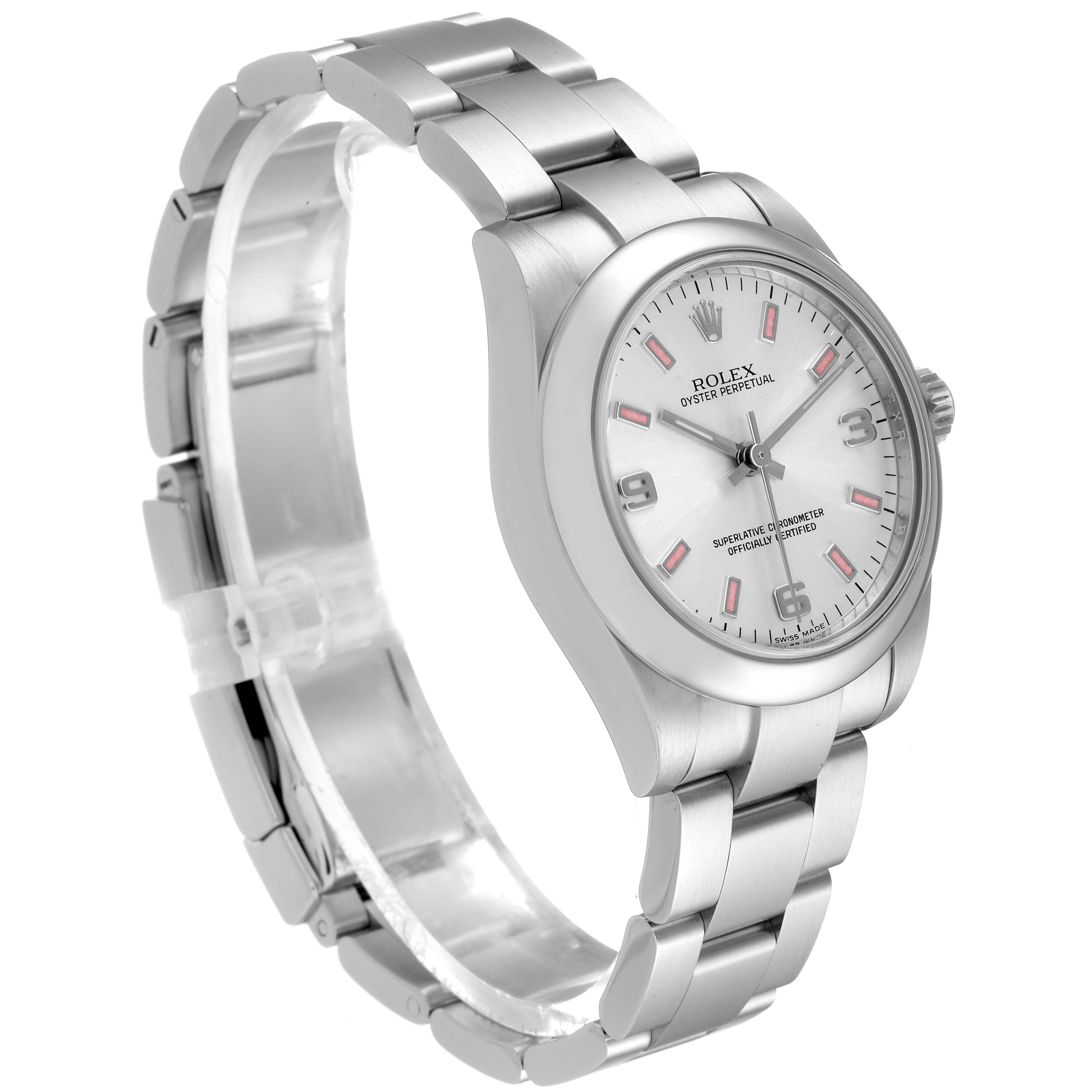 This image shows a side and front angle of the Rolex Mid-Size 177200 Women
s Stainless Steel Silver Dial 177200 Women
s Stainless Steel Silver Dial watch, highlighting its dial, bezel, and bracelet.