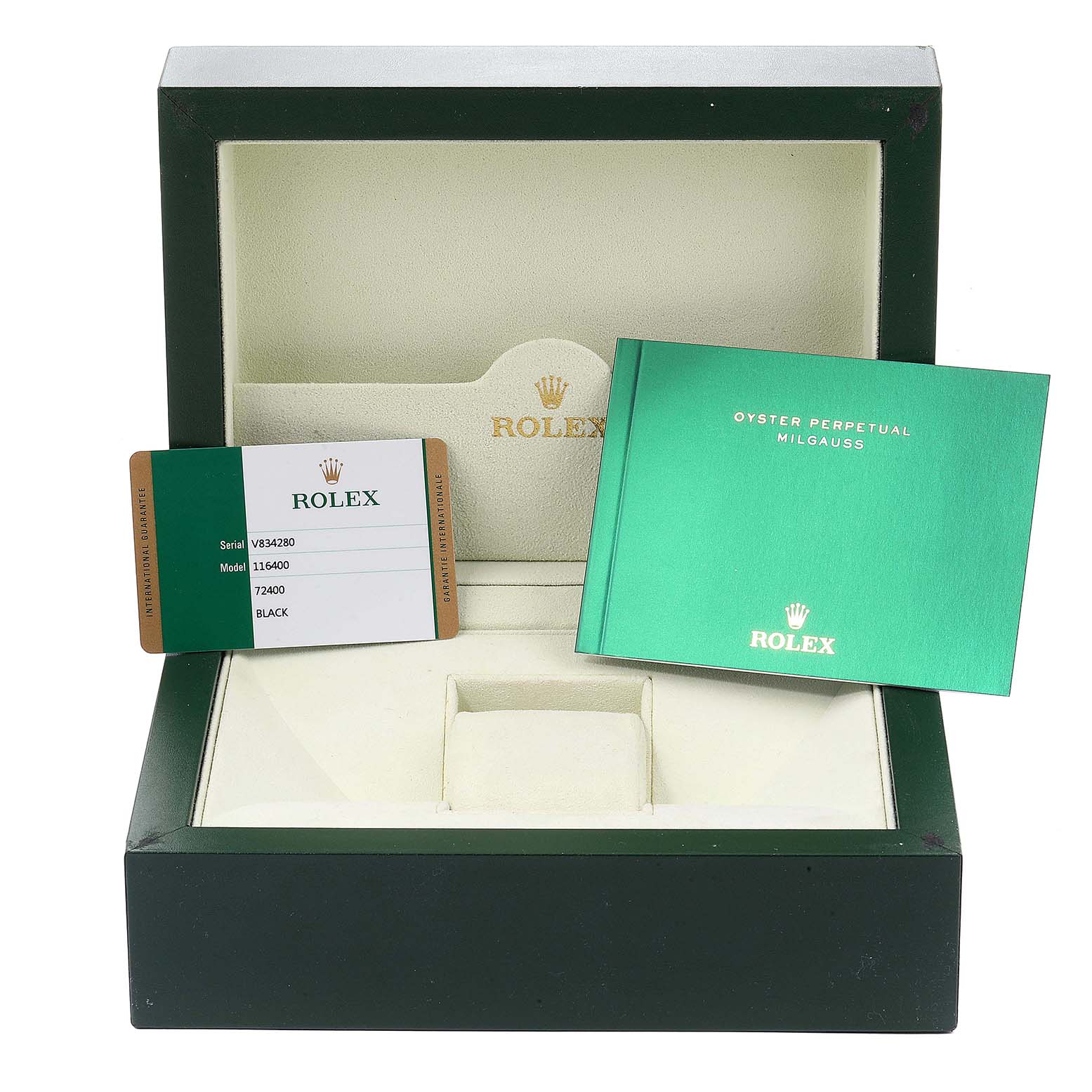 The image shows the packaging and accompanying materials of a Rolex Milgauss 116400 Men's Stainless Steel Black Dial 116400 Men's Stainless Steel Black Dial model, including the box, manual, and warranty card.