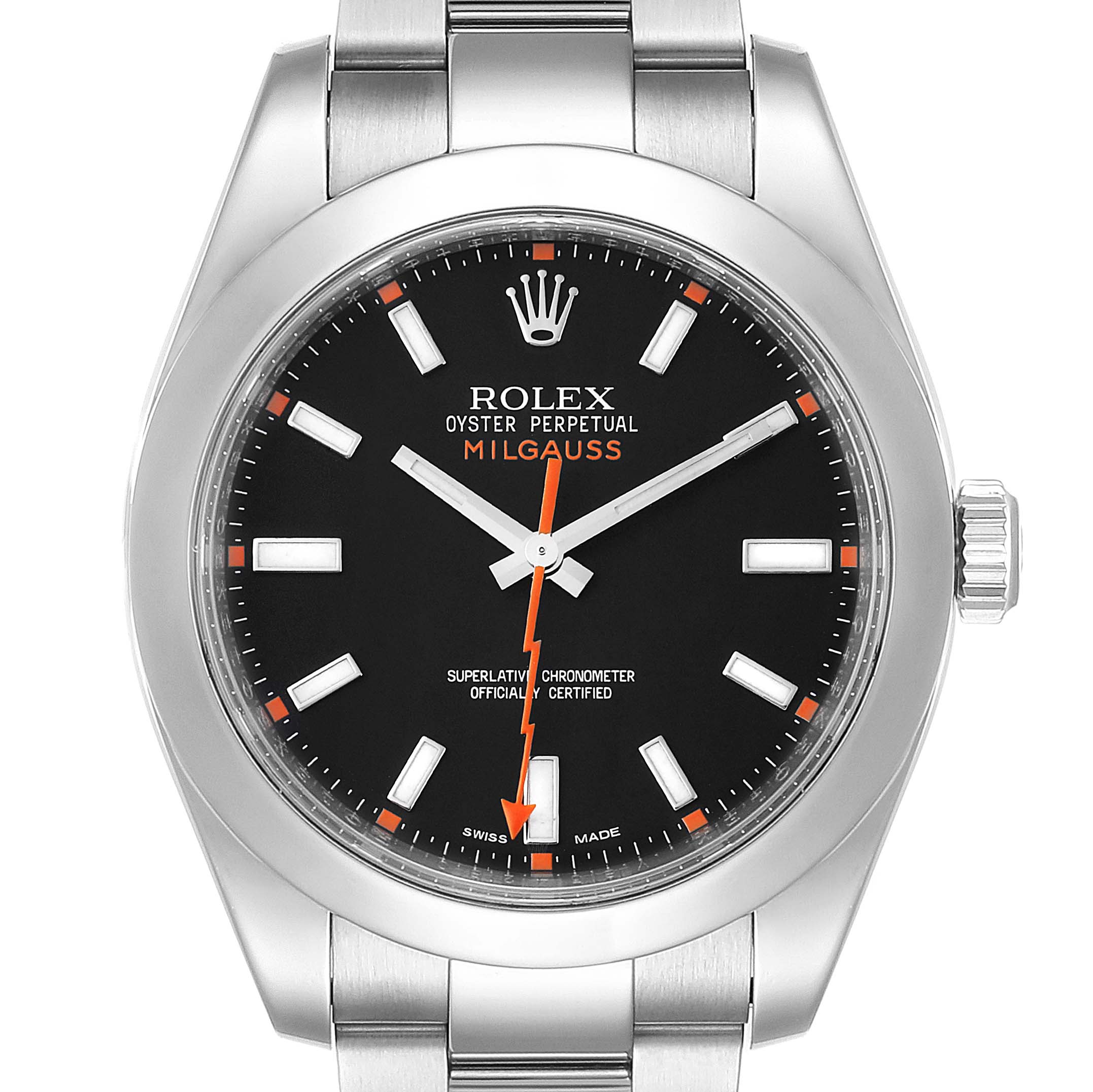 The image shows a front view of the Rolex Milgauss 116400 Men's Stainless Steel Black Dial 116400 Men's Stainless Steel Black Dial watch, highlighting its dial, hands, and part of the bracelet.