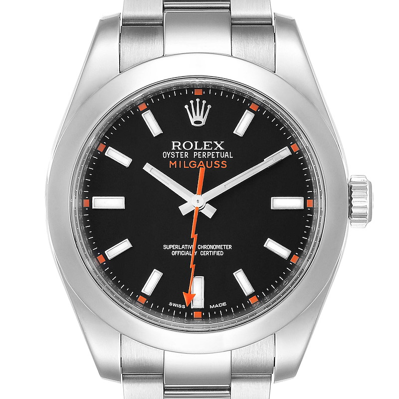 The image shows a front view of the Rolex Milgauss watch, highlighting its dial, hands, and part of the bracelet.