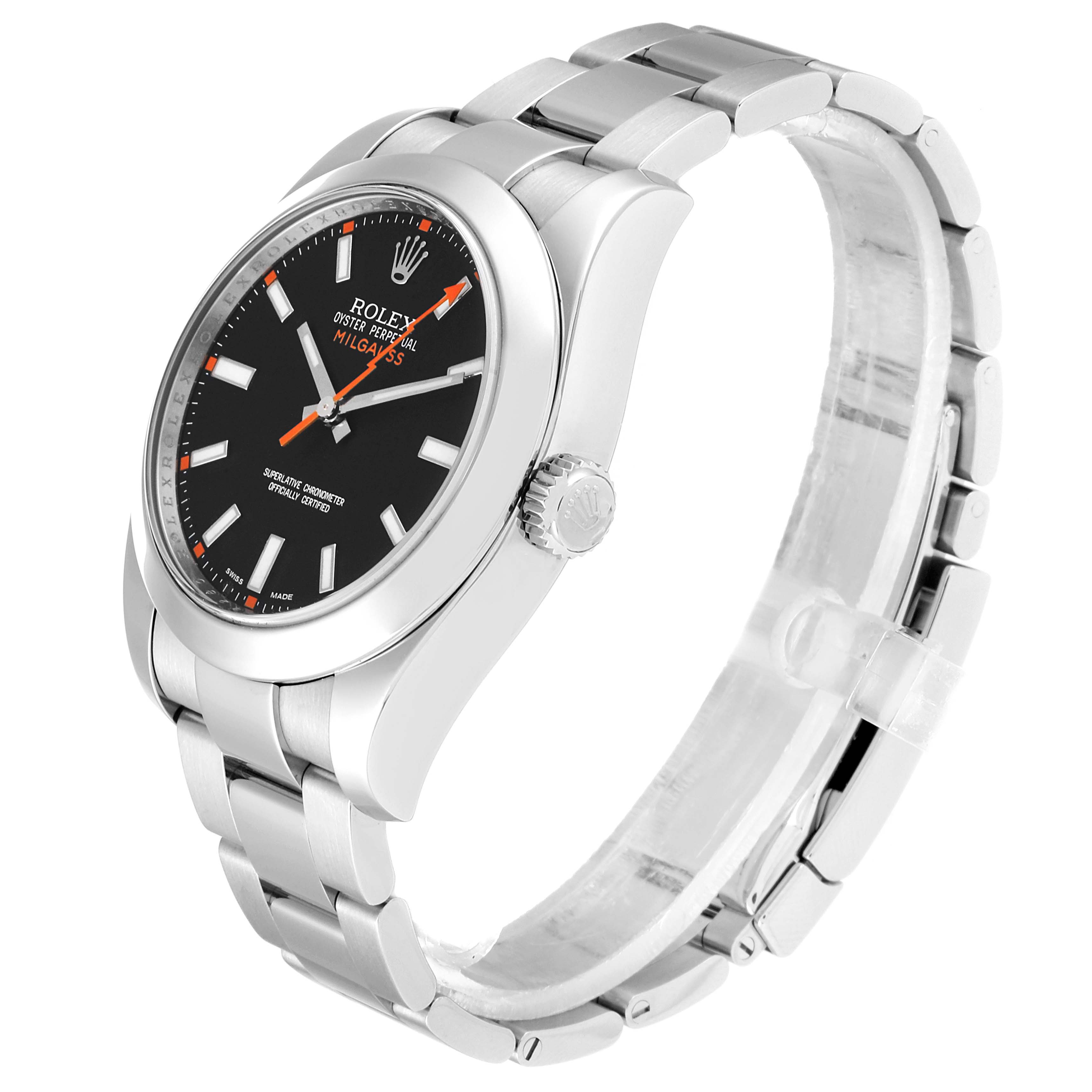 The image shows a Rolex Milgauss 116400 Men's Stainless Steel Black Dial 116400 Men's Stainless Steel Black Dial watch angled to display the face, bezel, crown, and part of the bracelet.