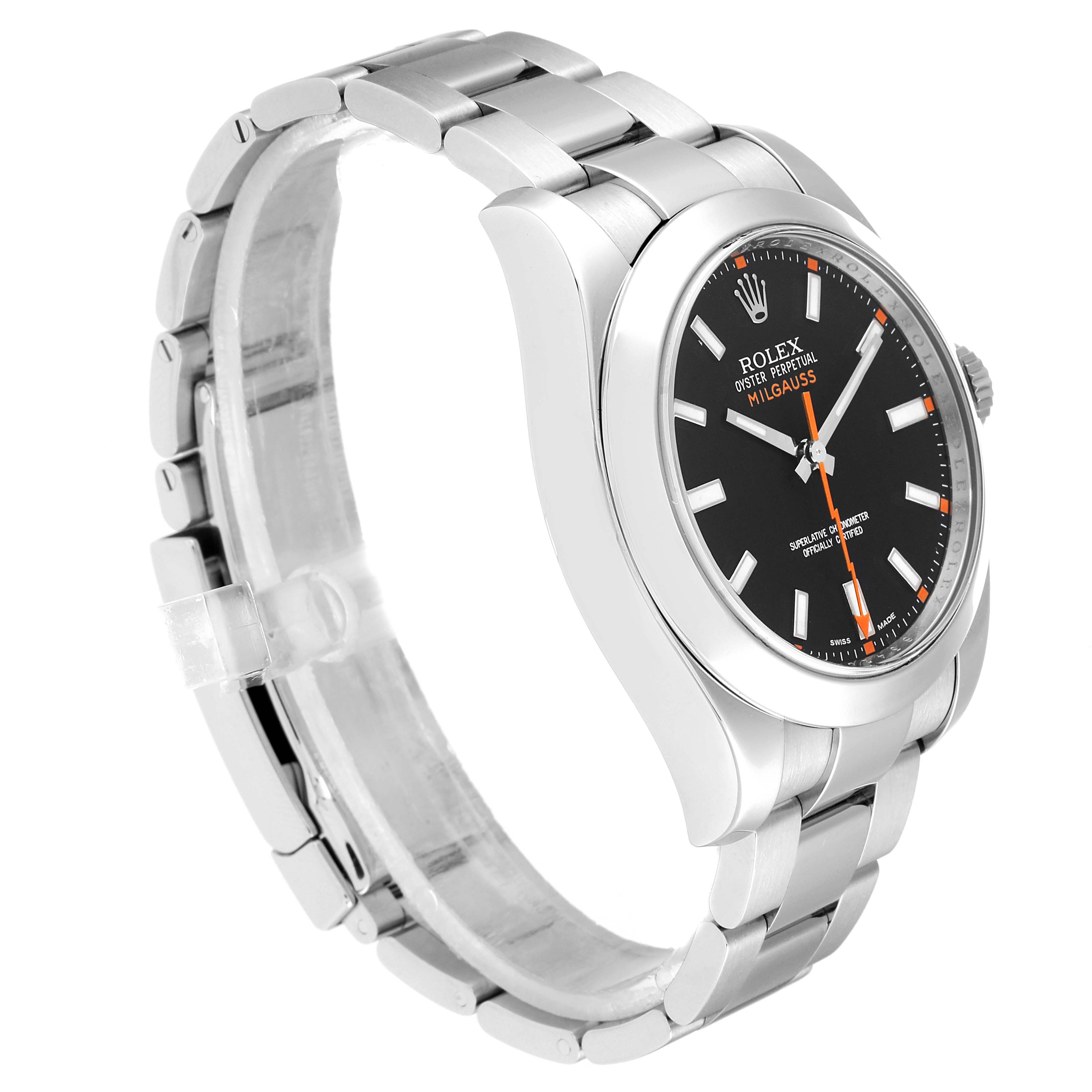The image shows a side angle of a Rolex Milgauss 116400 Men's Stainless Steel Black Dial 116400 Men's Stainless Steel Black Dial watch, highlighting the band, case, and face.