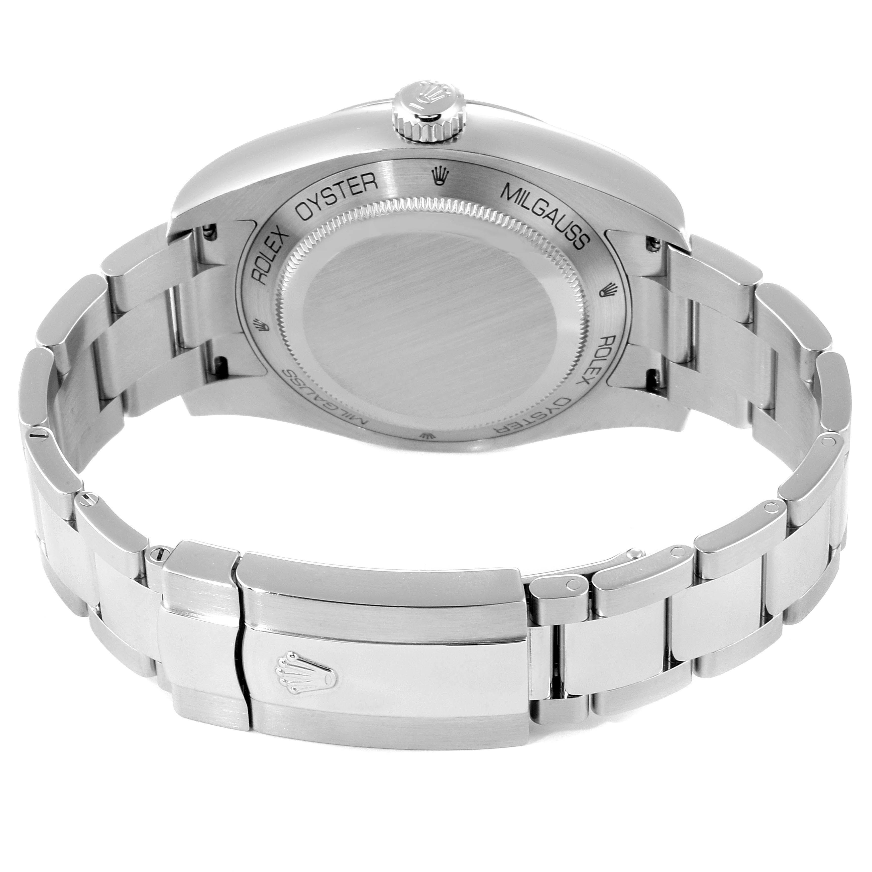 The image shows the back and bracelet of a Rolex Milgauss 116400 Men's Stainless Steel Black Dial 116400 Men's Stainless Steel Black Dial watch, with the caseback and clasp visible.