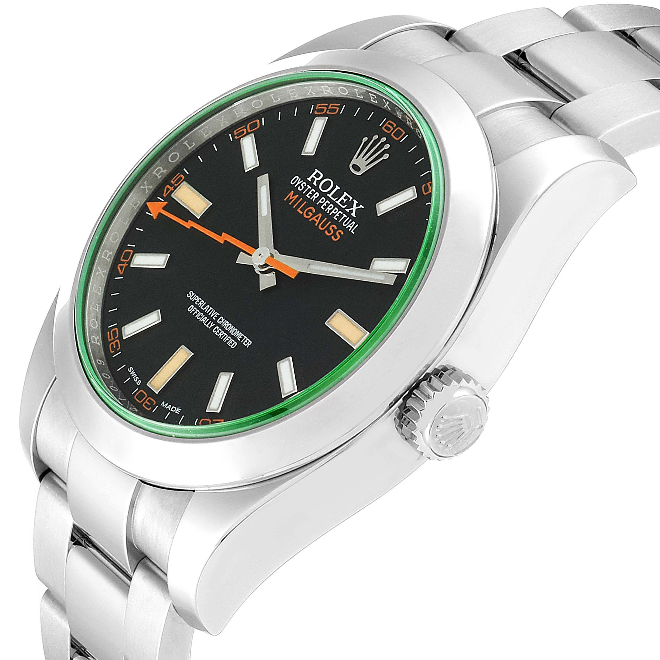 The image shows a Rolex Milgauss 116400GV Men's Stainless Steel Black Dial 116400GV Men's Stainless Steel Black Dial watch from an angled side view, highlighting the dial, case, crown, and part of the bracelet.