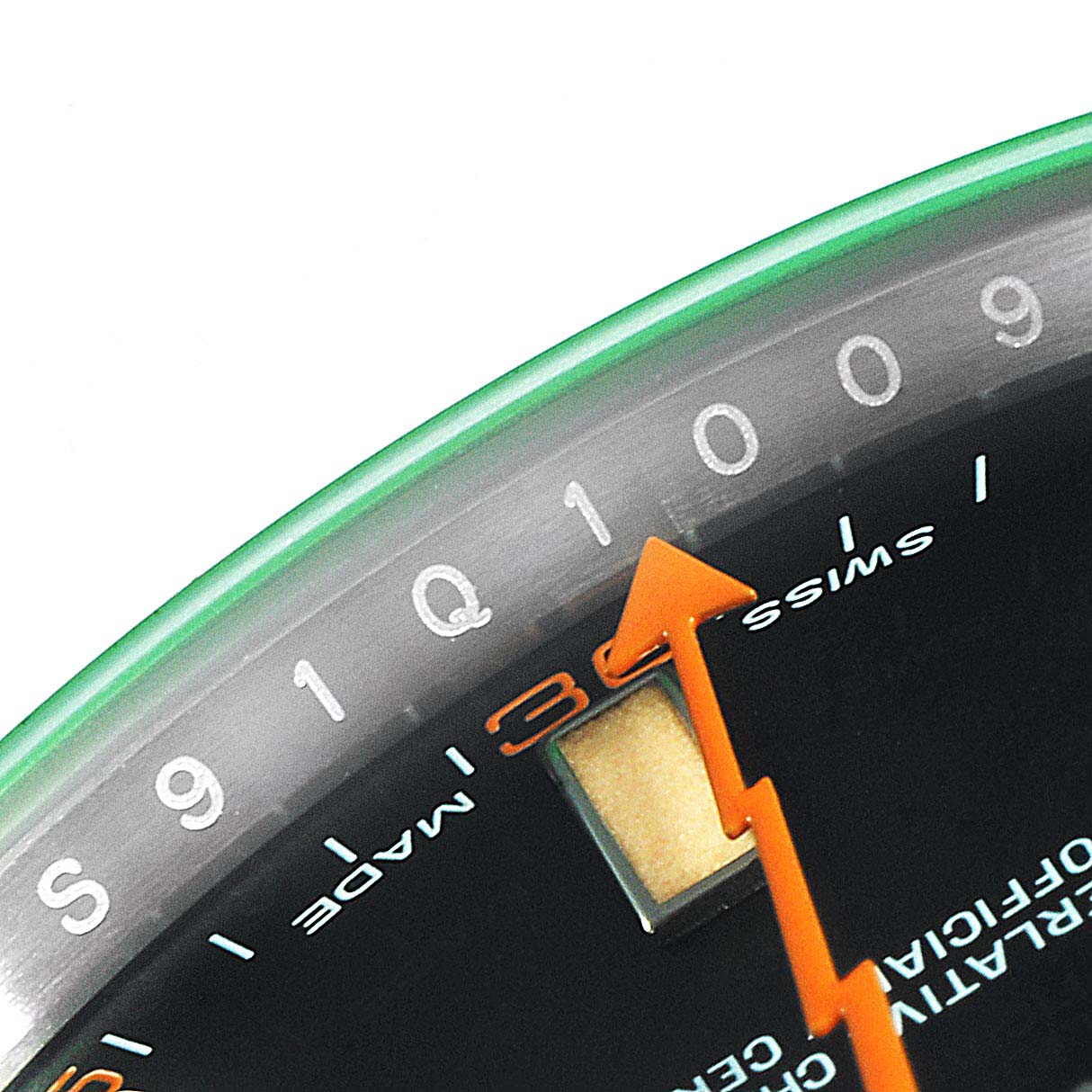 This image shows a close-up of the dial and orange second hand of a Rolex Milgauss 116400GV Men's Stainless Steel Black Dial 116400GV Men's Stainless Steel Black Dial watch.