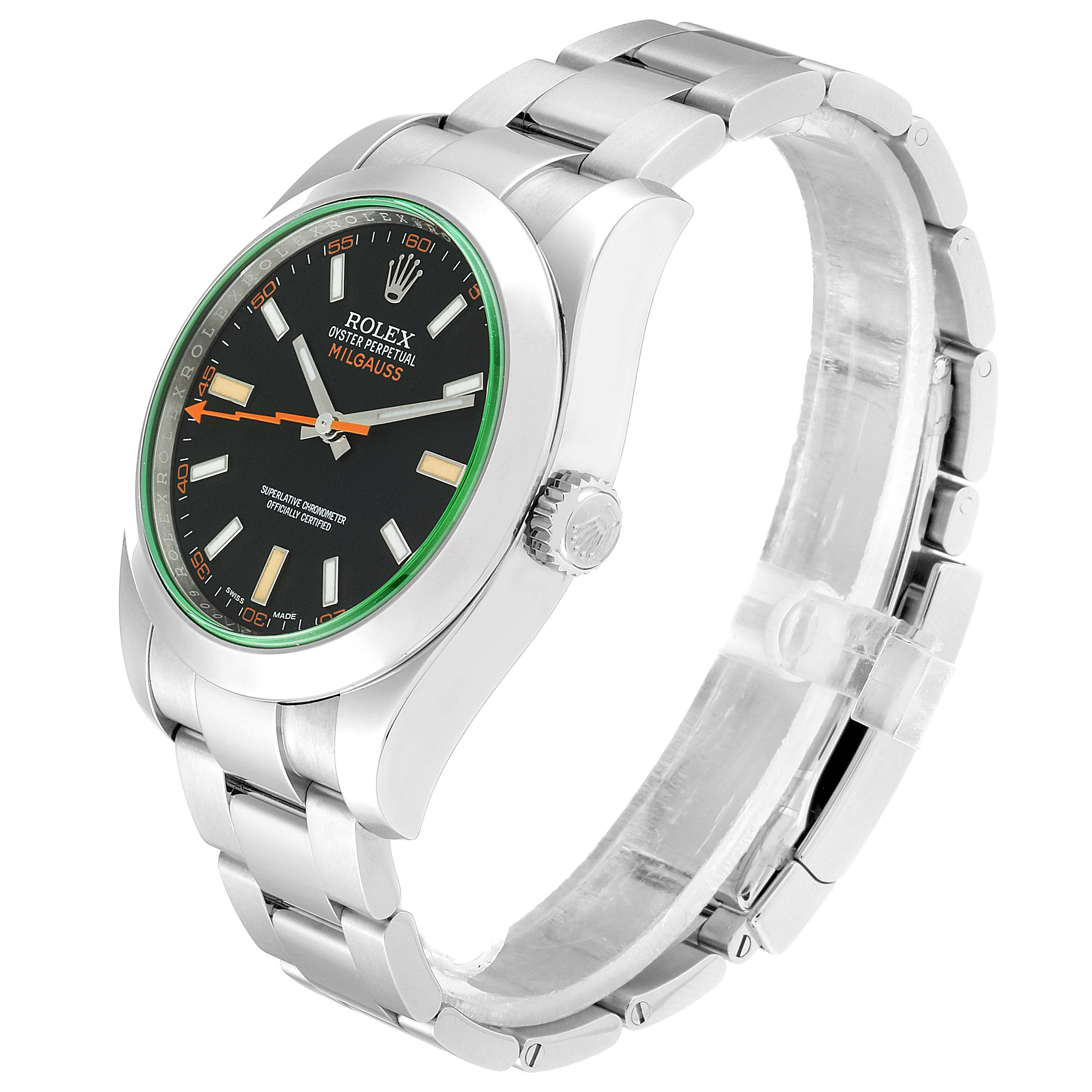 The image displays a Rolex Milgauss 116400GV Men's Stainless Steel Black Dial 116400GV Men's Stainless Steel Black Dial watch angled slightly from the front, revealing its face, bezel, and bracelet.