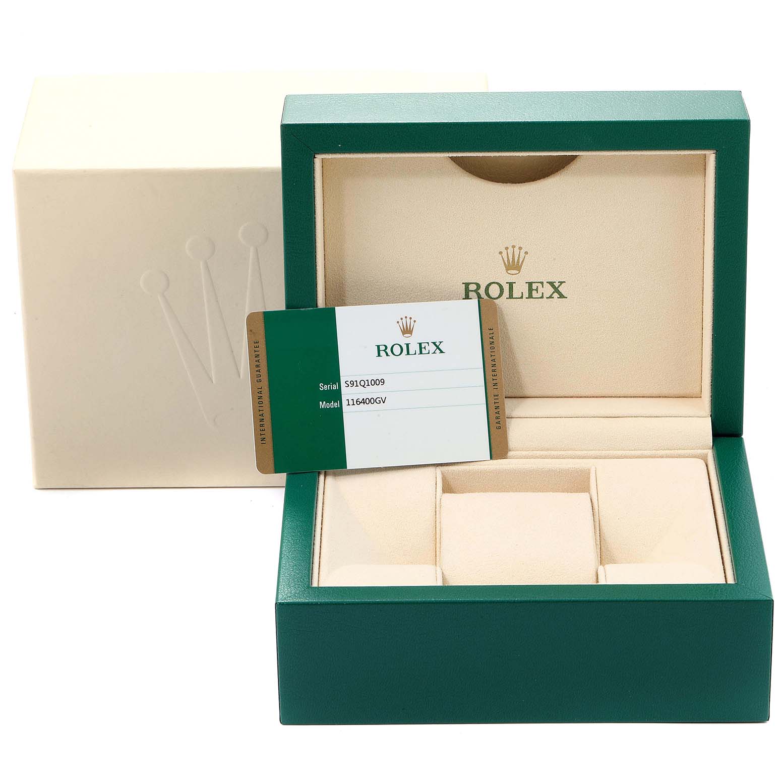 The image shows the packaging and authentication card for a Rolex Milgauss 116400GV Men's Stainless Steel Black Dial 116400GV Men's Stainless Steel Black Dial model.