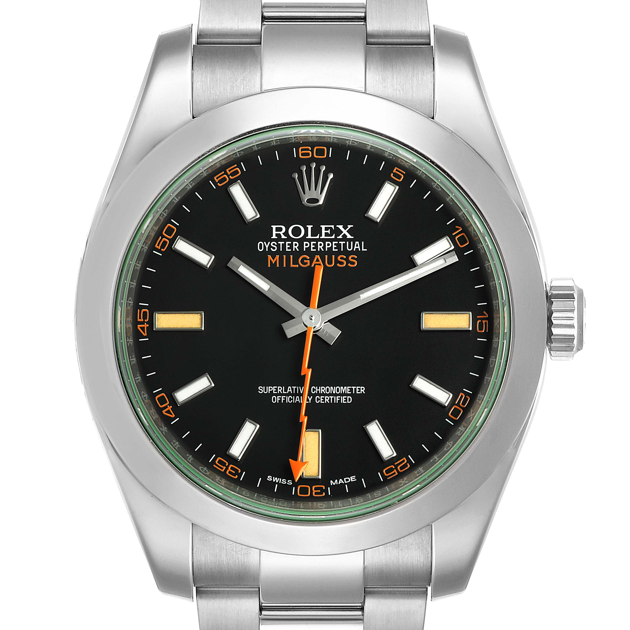 This image shows a front view of the Rolex Milgauss 116400GV Men's Stainless Steel Black Dial 116400GV Men's Stainless Steel Black Dial watch, highlighting the dial, bezel, and part of the bracelet.