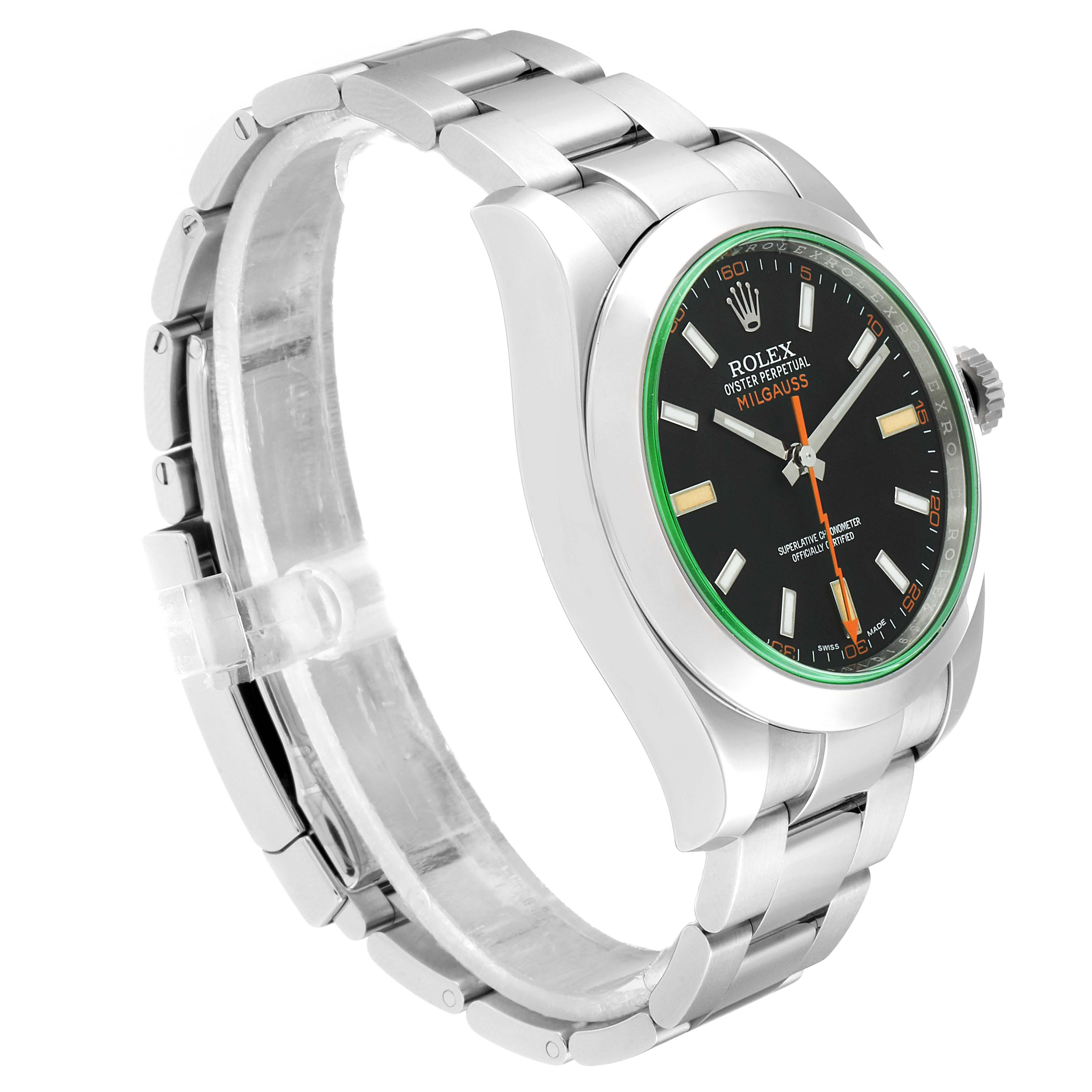 The image shows a side angle view of a Rolex Milgauss 116400GV Men's Stainless Steel Black Dial 116400GV Men's Stainless Steel Black Dial watch, highlighting its stainless steel bracelet, dial, and bezel.
