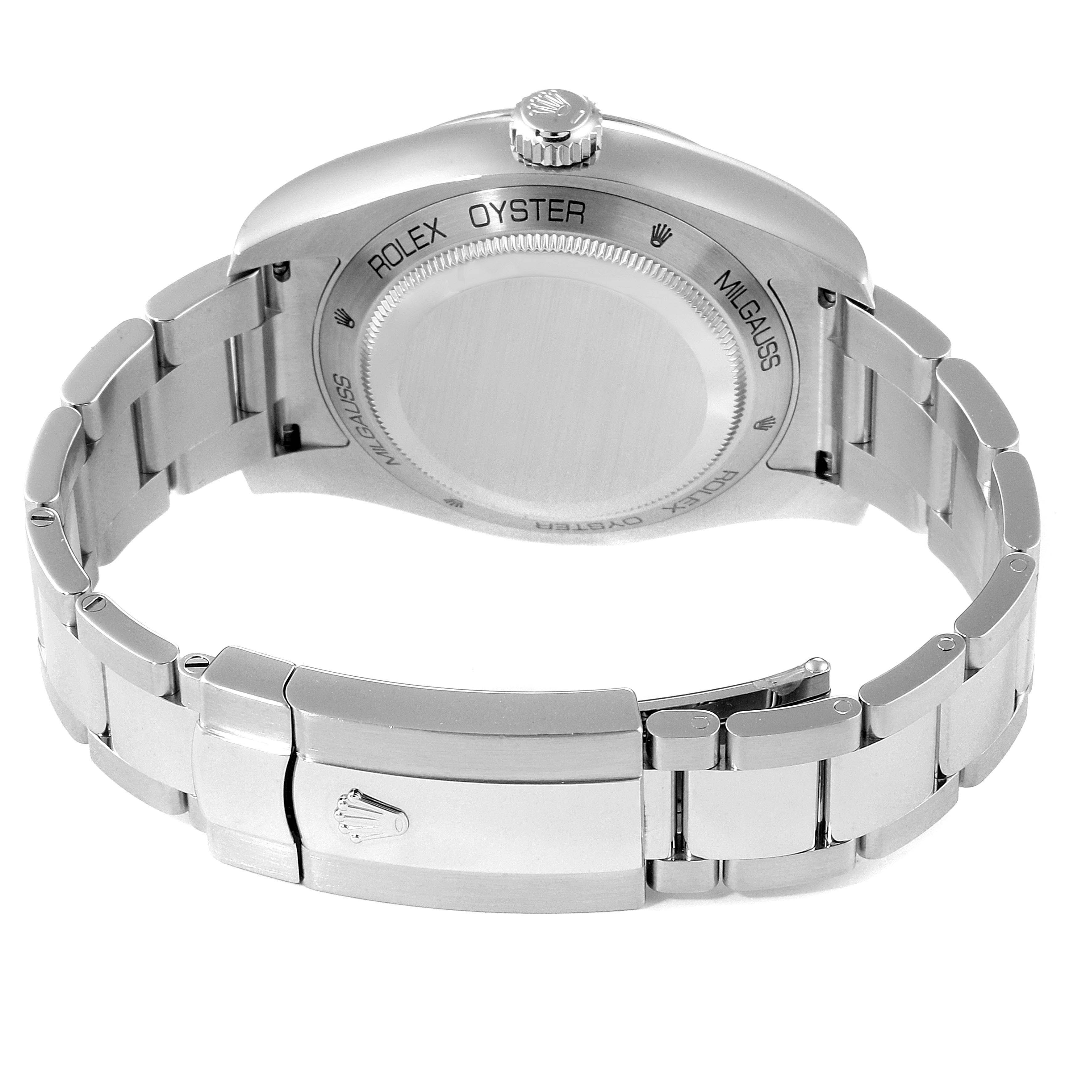 This image shows the back and clasp of a Rolex Milgauss 116400GV Men's Stainless Steel Black Dial 116400GV Men's Stainless Steel Black Dial watch from an angled view.