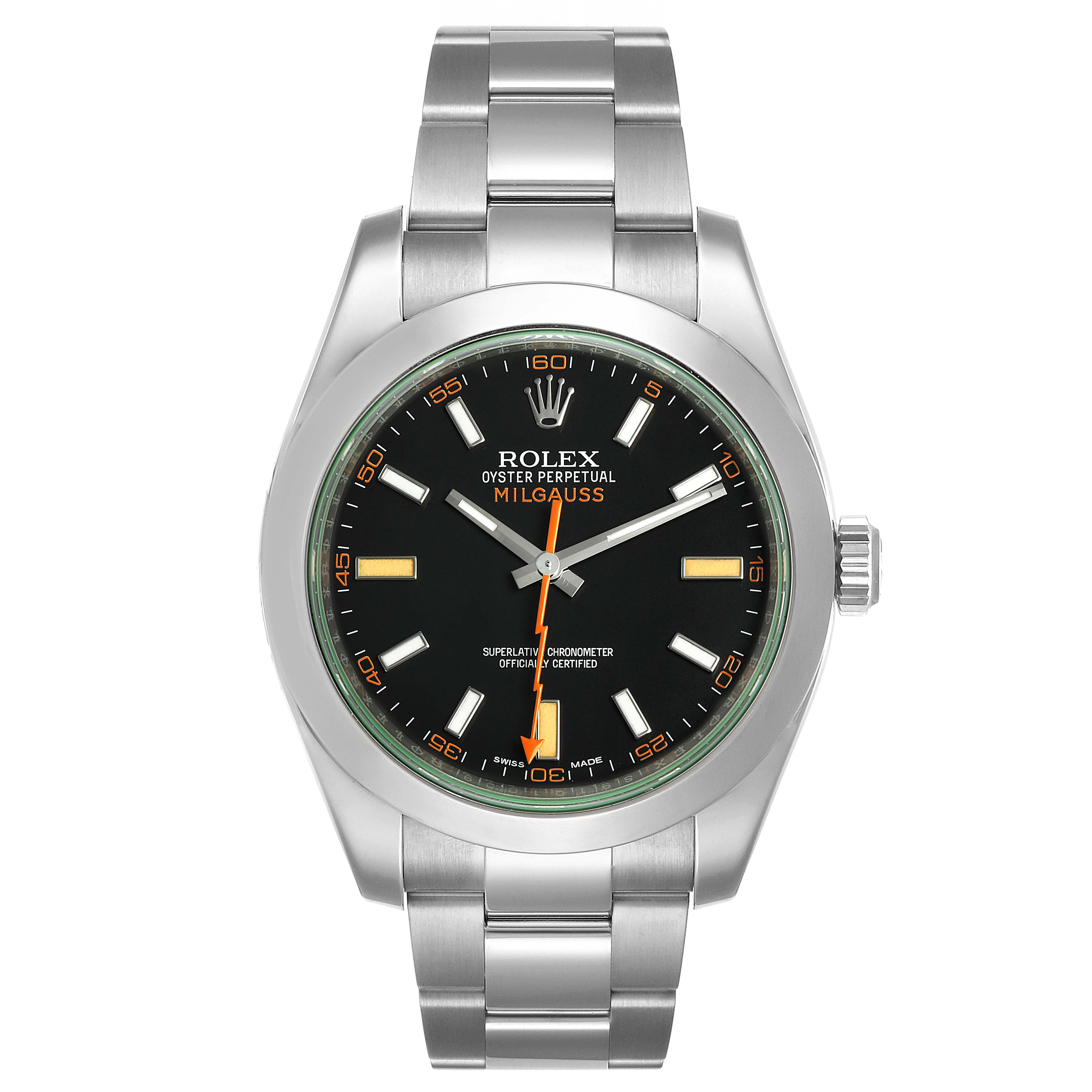 This is a front view of the Rolex Milgauss 116400GV Men's Stainless Steel Black Dial 116400GV Men's Stainless Steel Black Dial watch showing the dial, hour markers, hands, case, crown, and part of the bracelet.