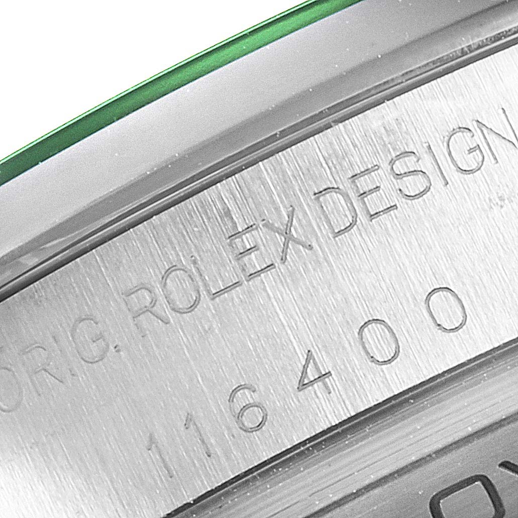 This image shows a close-up of the case back and model number of a Rolex Milgauss 116400GV Men's Stainless Steel Black Dial 116400GV Men's Stainless Steel Black Dial watch.