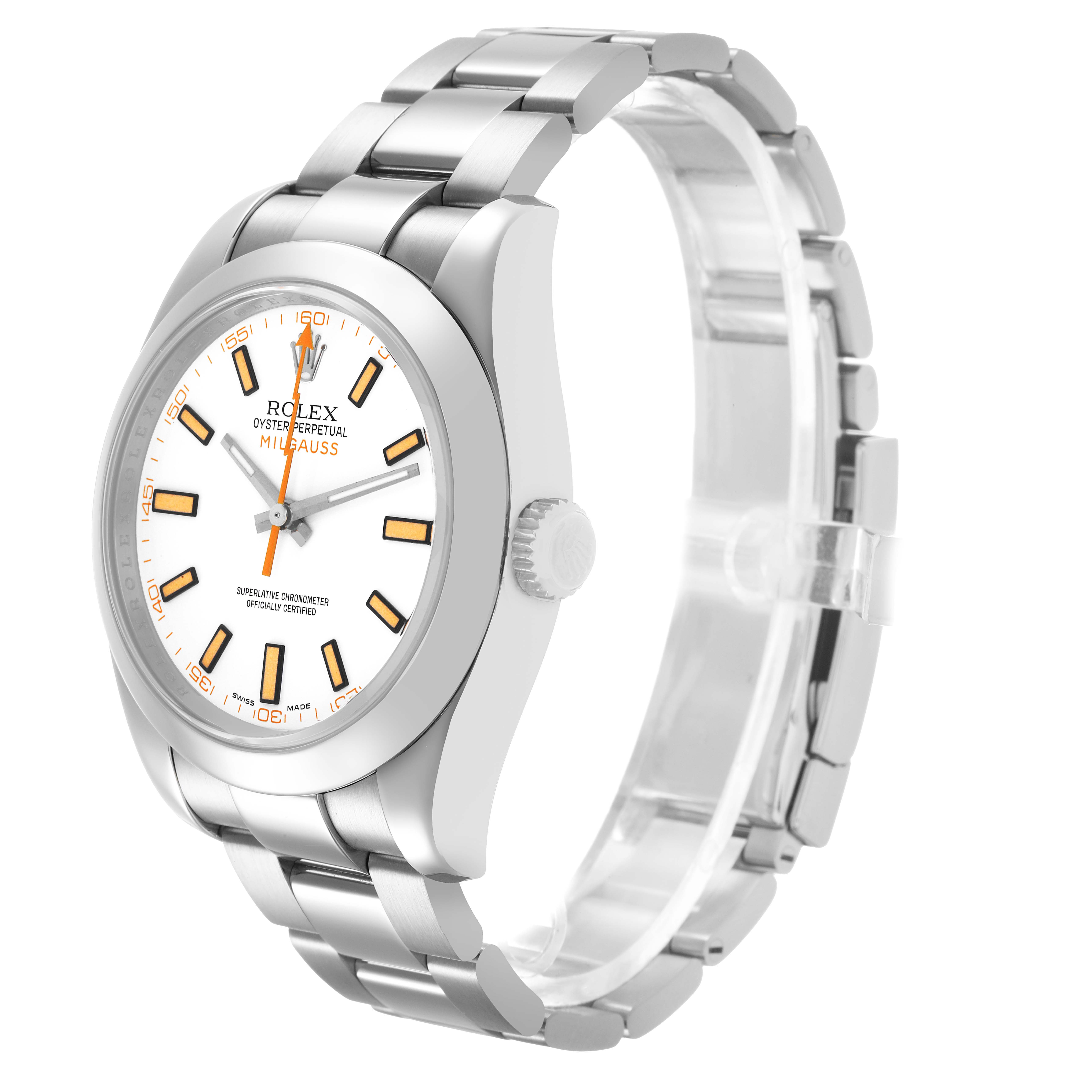 The Rolex Milgauss 116400 Men's Stainless Steel Yellow Dial watch is shown at a three-quarter angle, highlighting the face, bezel, crown, and bracelet.