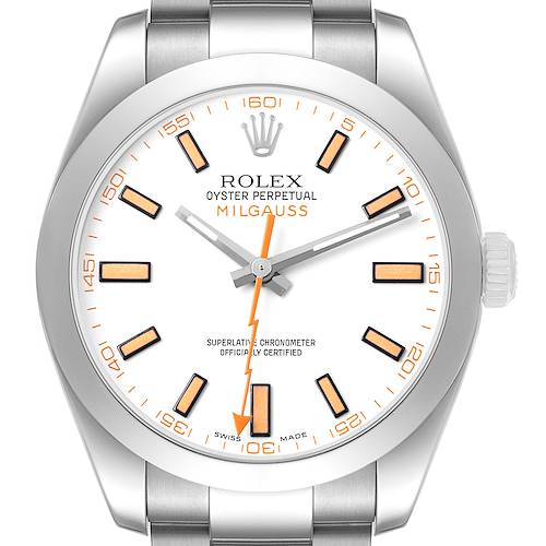 The image shows a front view of the Rolex Milgauss 116400 Men's Stainless Steel Yellow Dial watch, highlighting the dial, hands, markers, and case.