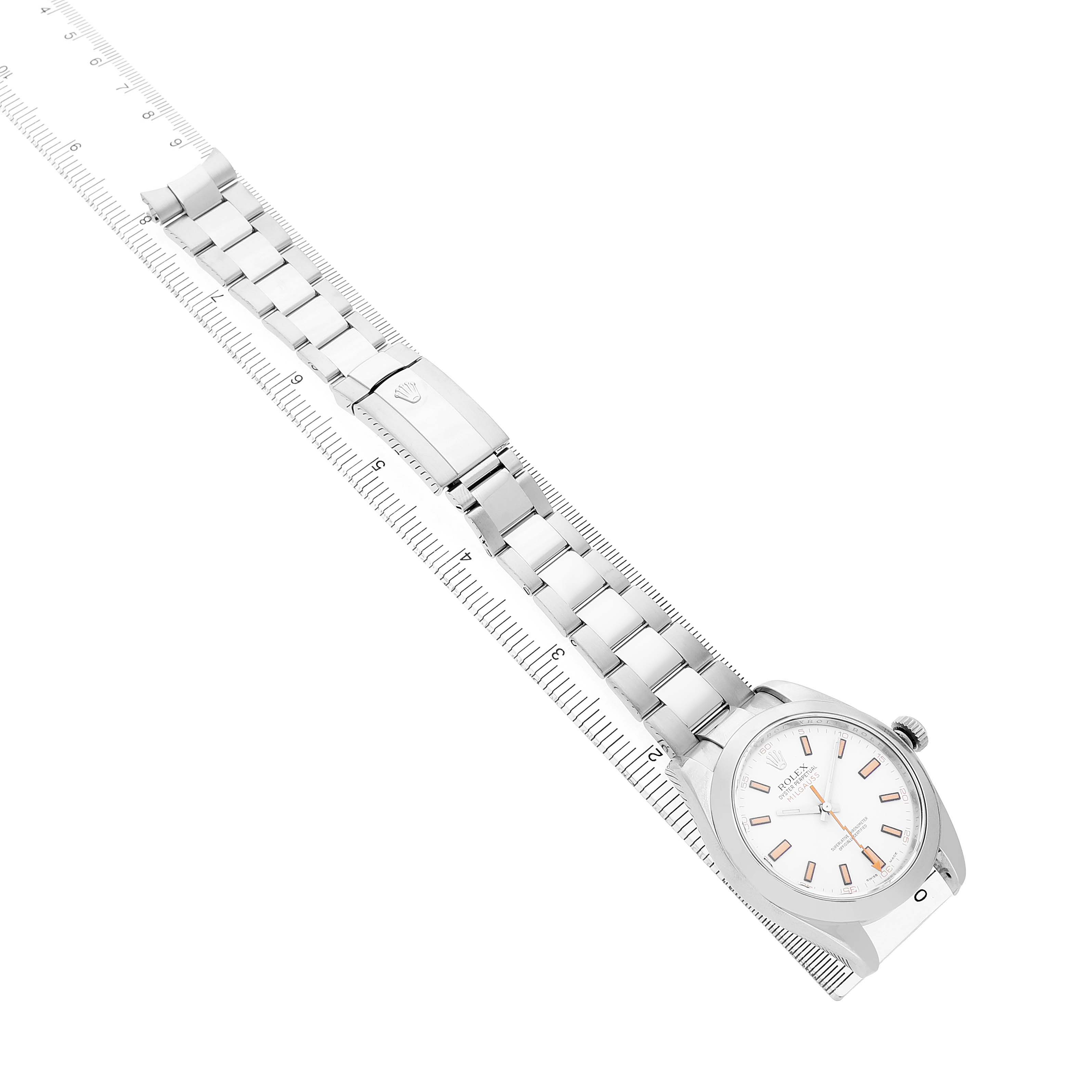 The Rolex Milgauss 116400 Men's Stainless Steel Yellow Dial watch is shown at an angled side view, featuring the bracelet, clasp, and face.